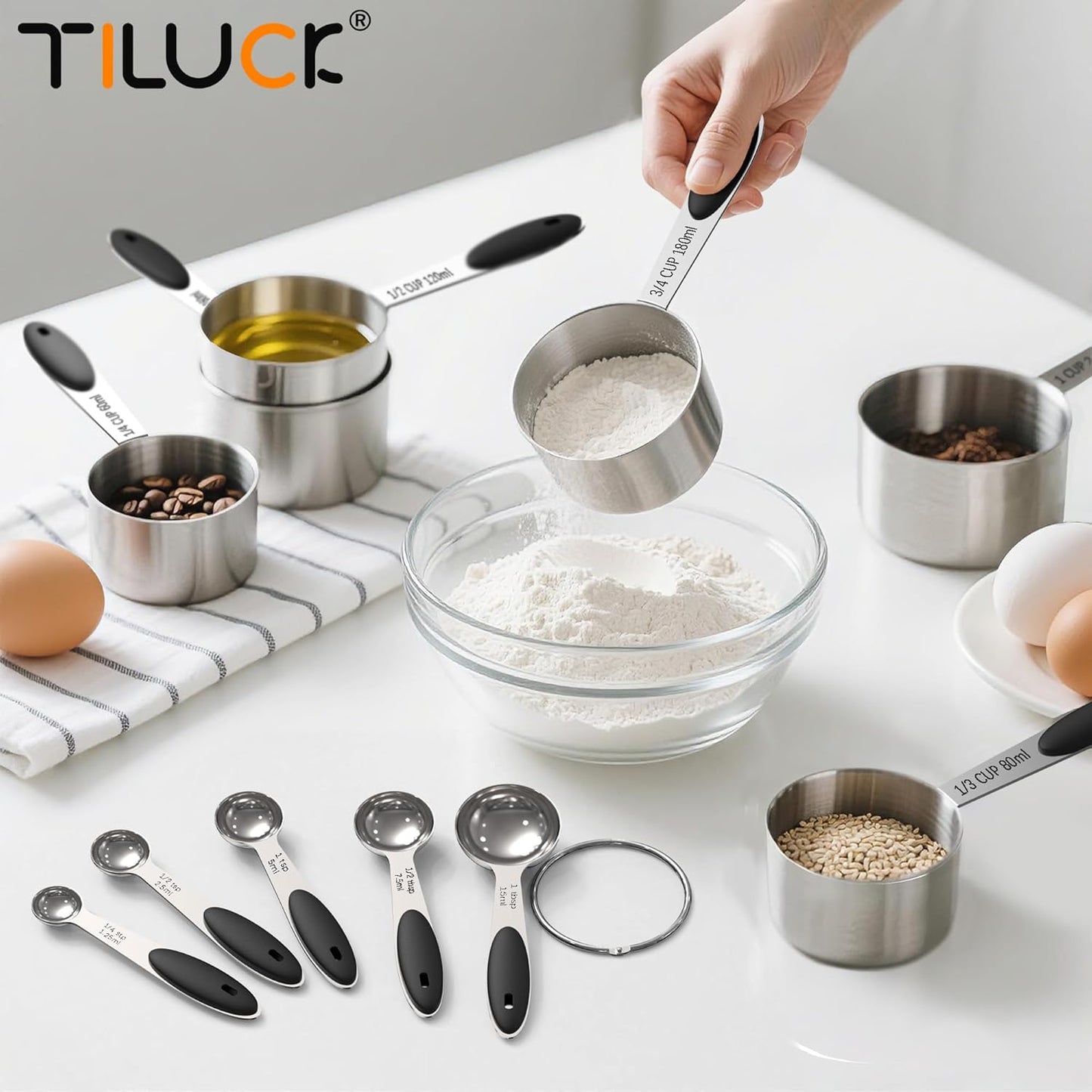 TILUCK Measuring Cups and Spoons Set, Stainless Steel, Kitchen Utensils for Cooking and Baking (11, Black)