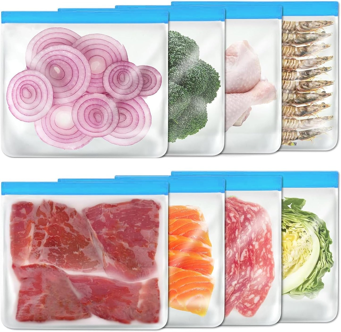 8 Pack Reusable Gallon Bags Dishwasher Safe, Silicone Leakproof Reusable Freezer Bags, BPA Free Reusable Food Storage Bags for Candy, Snack, Cereal, Travel Items, Home Organization（Blue）