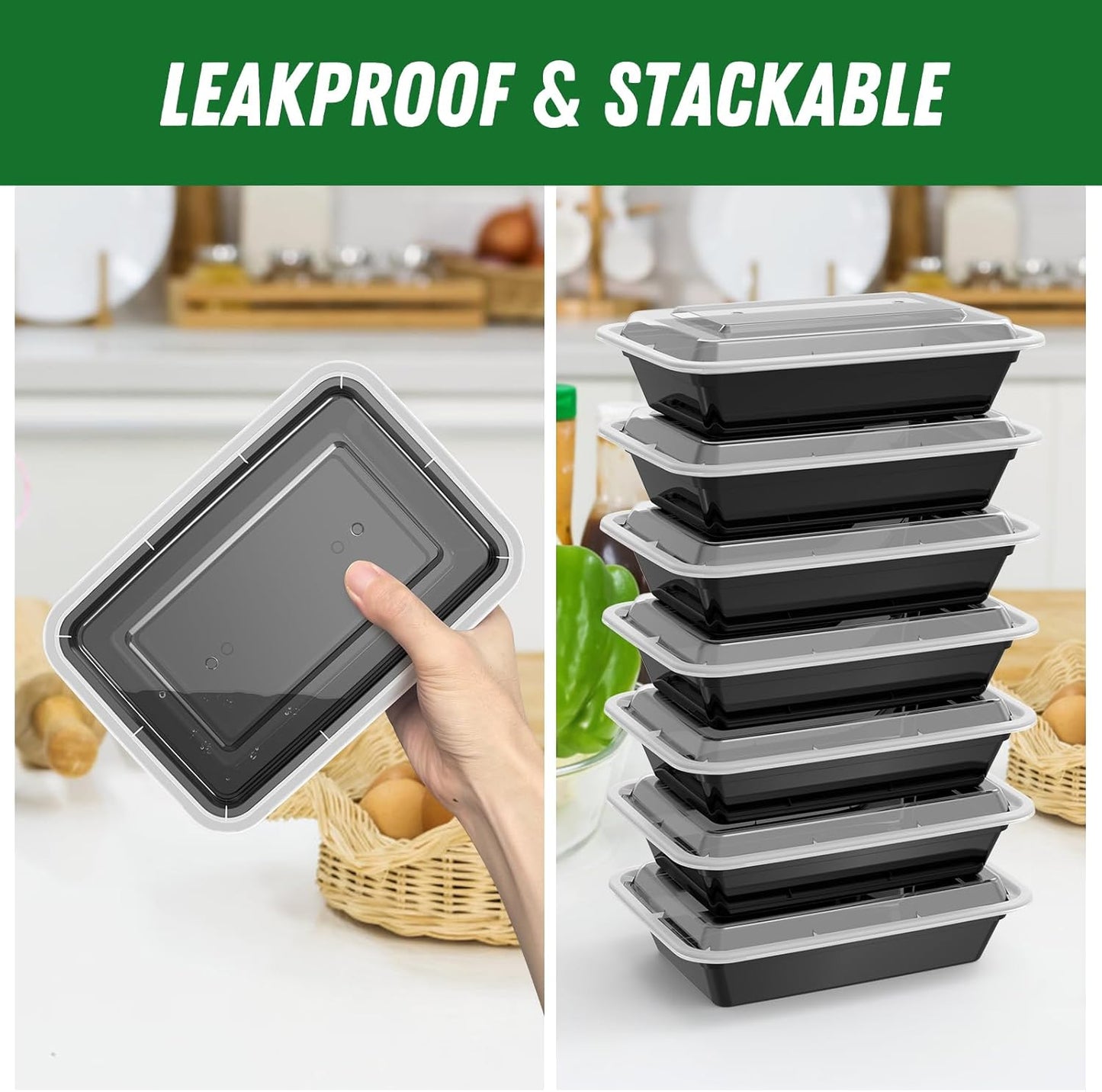 50 Pack (100-Piece) 32 oz Meal Prep Containers Reusable with Lids, Sturdy Leakproof & Food Safe, Microwave, Freezer, Dishwasher Safe Prep Containers, To Go Take Out Plastic Food Storage