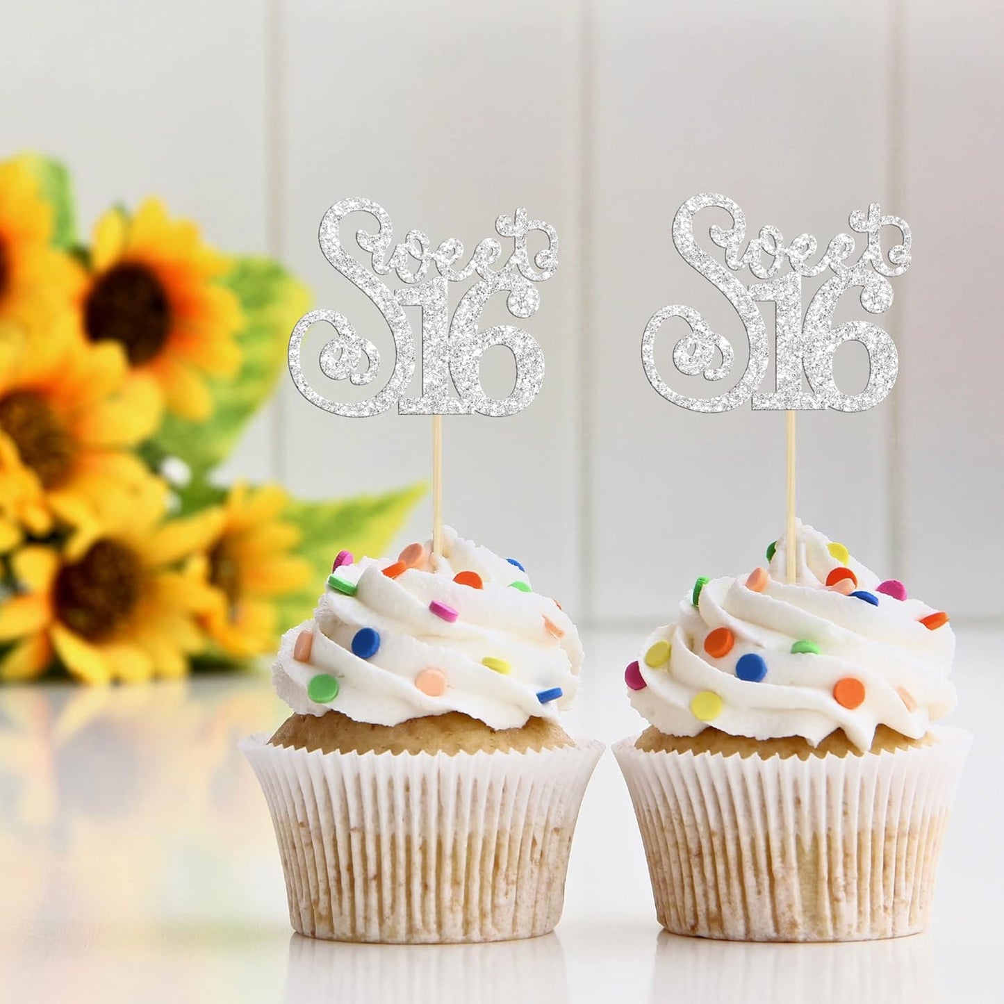 Gyufise 24 Pack Happy Sweet 16 Cupcake Toppers Glitter Sixteen 16th Birthday Cupcake Picks Cheers to 16 Years Old Cupcake Decorations for 16th Birthday Anniversary Party Cake Supplies Silver