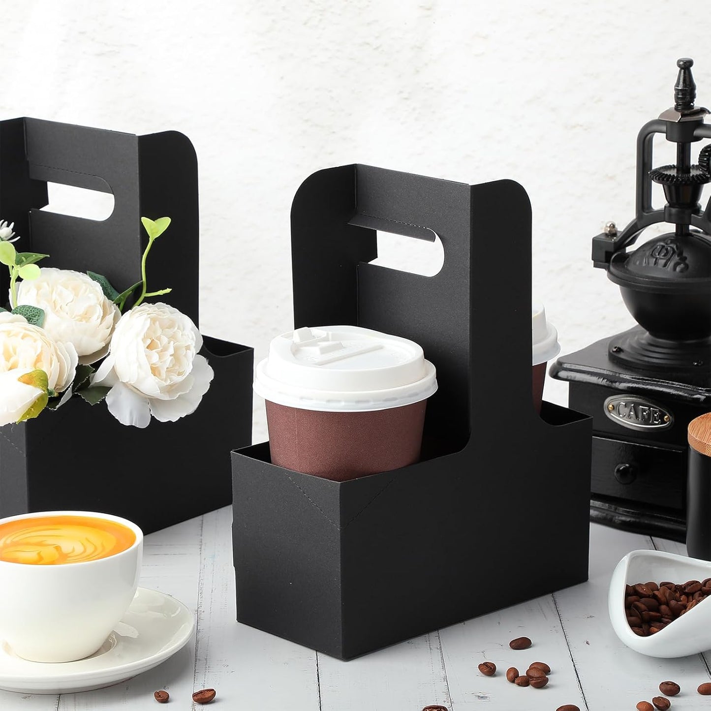 Kosiz 60 Pcs 2 Cups Drink Carrier with Handle 6.9 x 3.2 x 8.9 Inch Coffee Holder Paperboard Drink Caddy for Hot and Cold Beverage Takeout Cafe and Restaurant Xmas Wedding Food Delivery(Black)