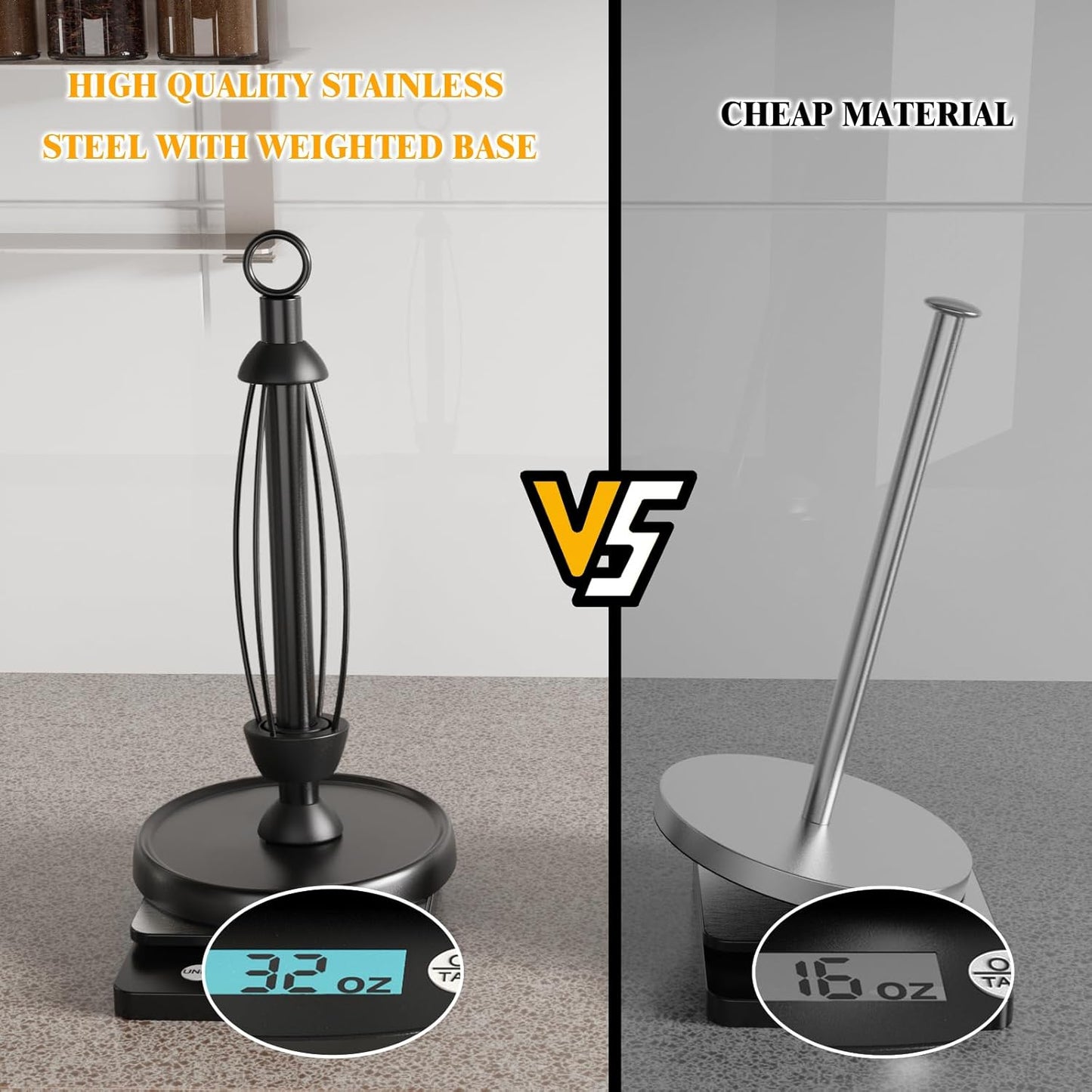 HZE Paper Towel Holder Countertop, One-Handed Tear, Stainless Steel, Weighted Base, Ring Paper Towel Holder Stand with Ratchet System for Kitchen Farmhouse Essentials Decor Accessories (Matte Black)