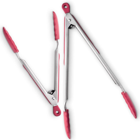 New DI ORO 2-Piece Kitchen Tongs Set (9-Inch and 12-Inch) – Stainless Steel with Non-Stick 480F Heat-Resistant Silicone Tips – Great Tool for Cooking, Serving, and Barbecuing - Dishwasher Safe (Red)