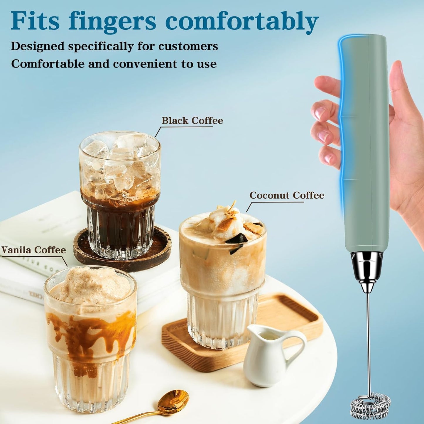 Milk Frother Handheld for Coffee, Electric Whisk 3 Speed Adjustable, Drink Mixer with Stainless 3 Whisks, Rechargeable Hand Frother Wand, Foam Maker for Latte Cappuccino Hot Chocolate Egg Green