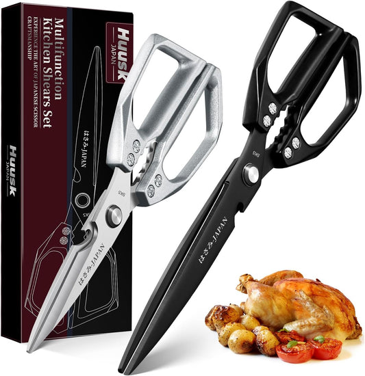 HUUSK Kitchen Shears Set Upgraded - Stainless Steel Kitchen Scissors, Sharp Meat Scissors, Heavy Duty Poultry Shear, Japanese Cooking Scissor for Food, Chicken Bones, and Turkey - Dishwasher Safe