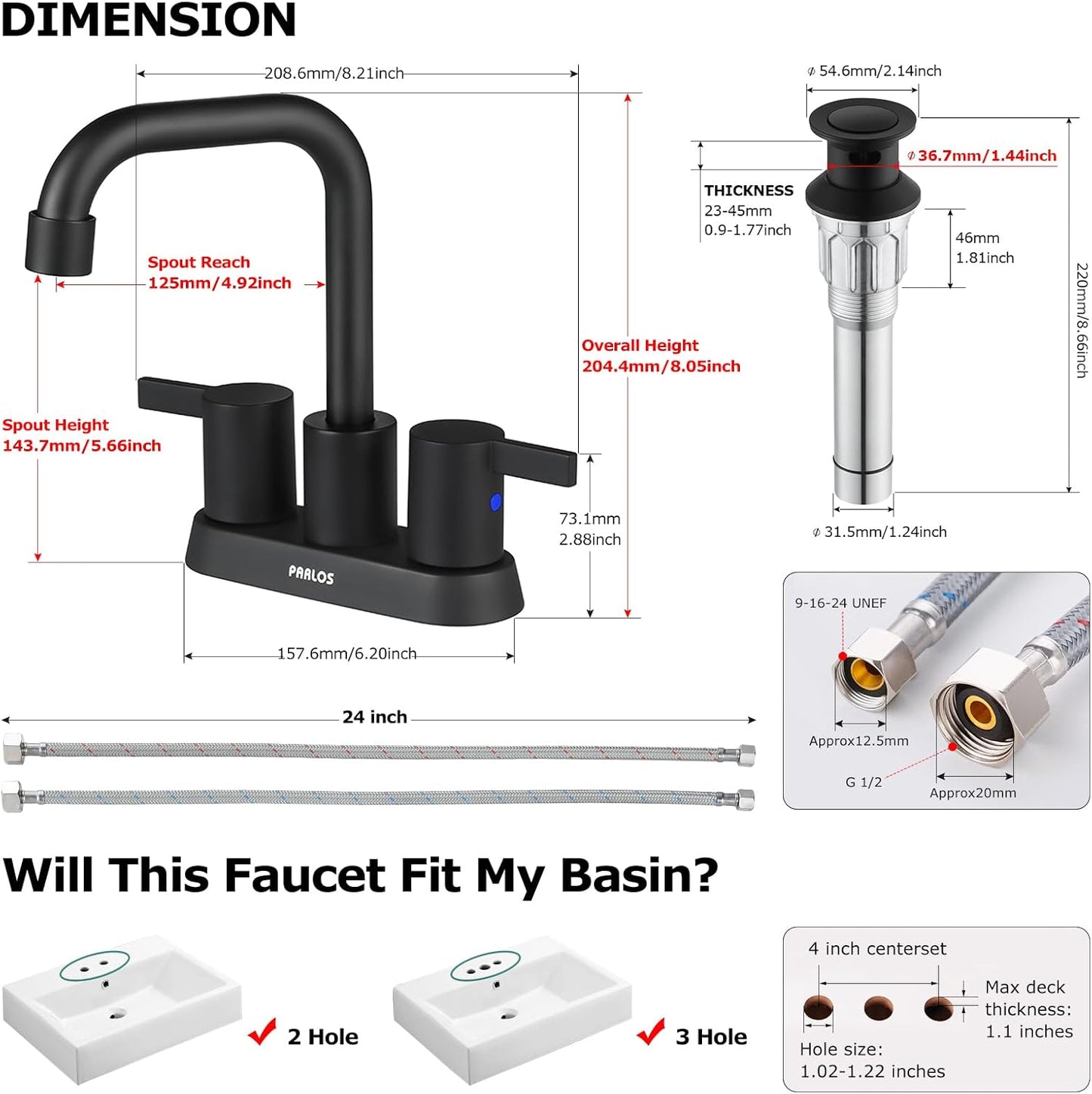 PARLOS 2-Handle Matte Black Bathroom Faucet for Lavatory with Pop-up Sink Drain and Faucet Supply Lines, 1431604