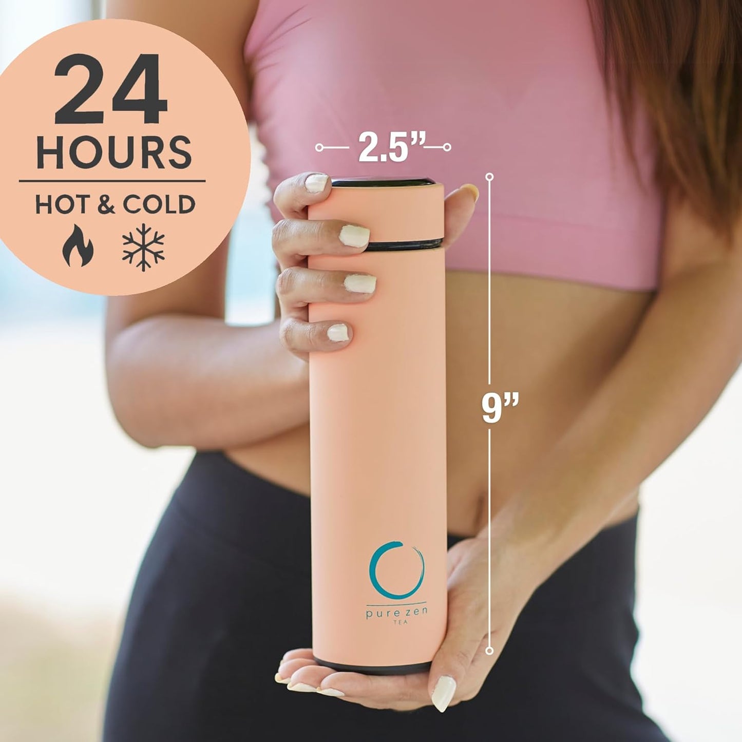 Pure Zen Tea Thermos with Infuser for Hot and Cold Infusions - Stainless Steel - Tea Infuser Bottle - Leakproof Travel Mug with Filter - 15oz - Pink