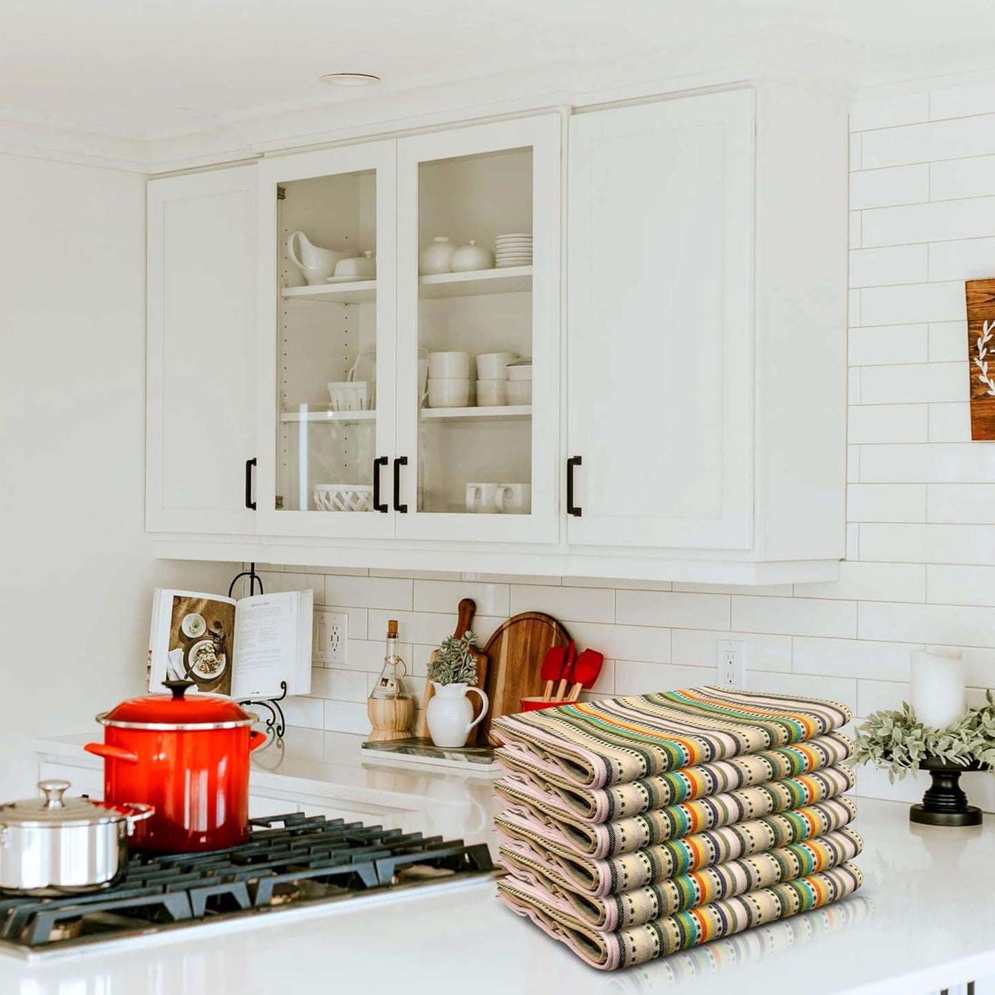 Urban Villa Easter Kitchen Towels,Beige Multi Dobby Stripes,Premium Quality,100% Cotton Dish Towels, Mitered Corners,Ultra Soft (Size: 20x30 Inches), Highly Absorbent Bar & Tea Towels (Set of 6)