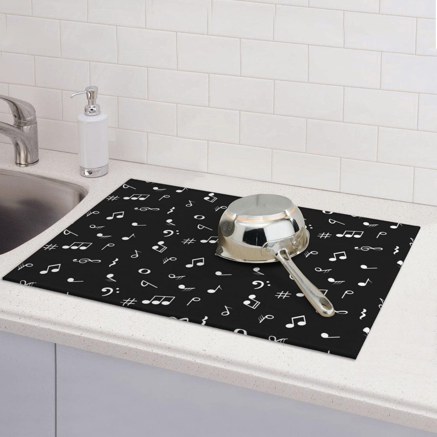 Musicial Kitchen Drying Mat Music Notes Microfiber Dish Drainer Mat for Kitchen Counter Absorbent Reusable Washable 18x24 Inch Black