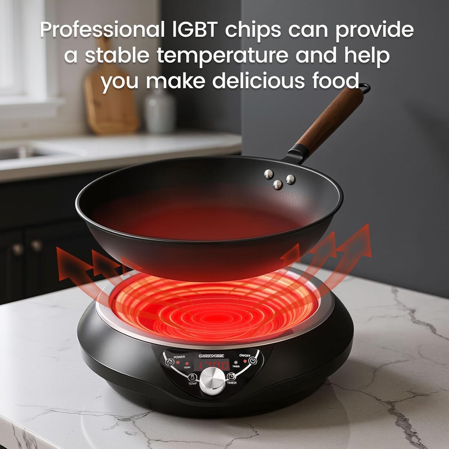 Induction Wok Cooktop, Induction Burner & Carbon Steel Wok with Lid, Rack, 16 Levels Power & Temprature Control, 18 Hours Timer, Auto-off Electric Wok 1700W (Black 110V~120V)