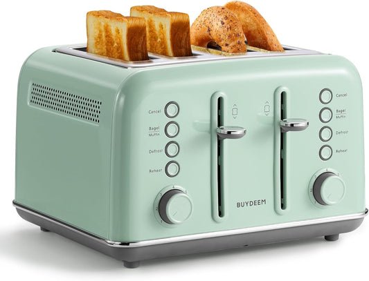 BUYDEEM DT640 Retro 4 Slice Toaster, 7 Shade Settings, Extra Wide 1.5'' Slots, Stainless Steel Toaster with Bagel Muffin Defrost Reheat Function, Green