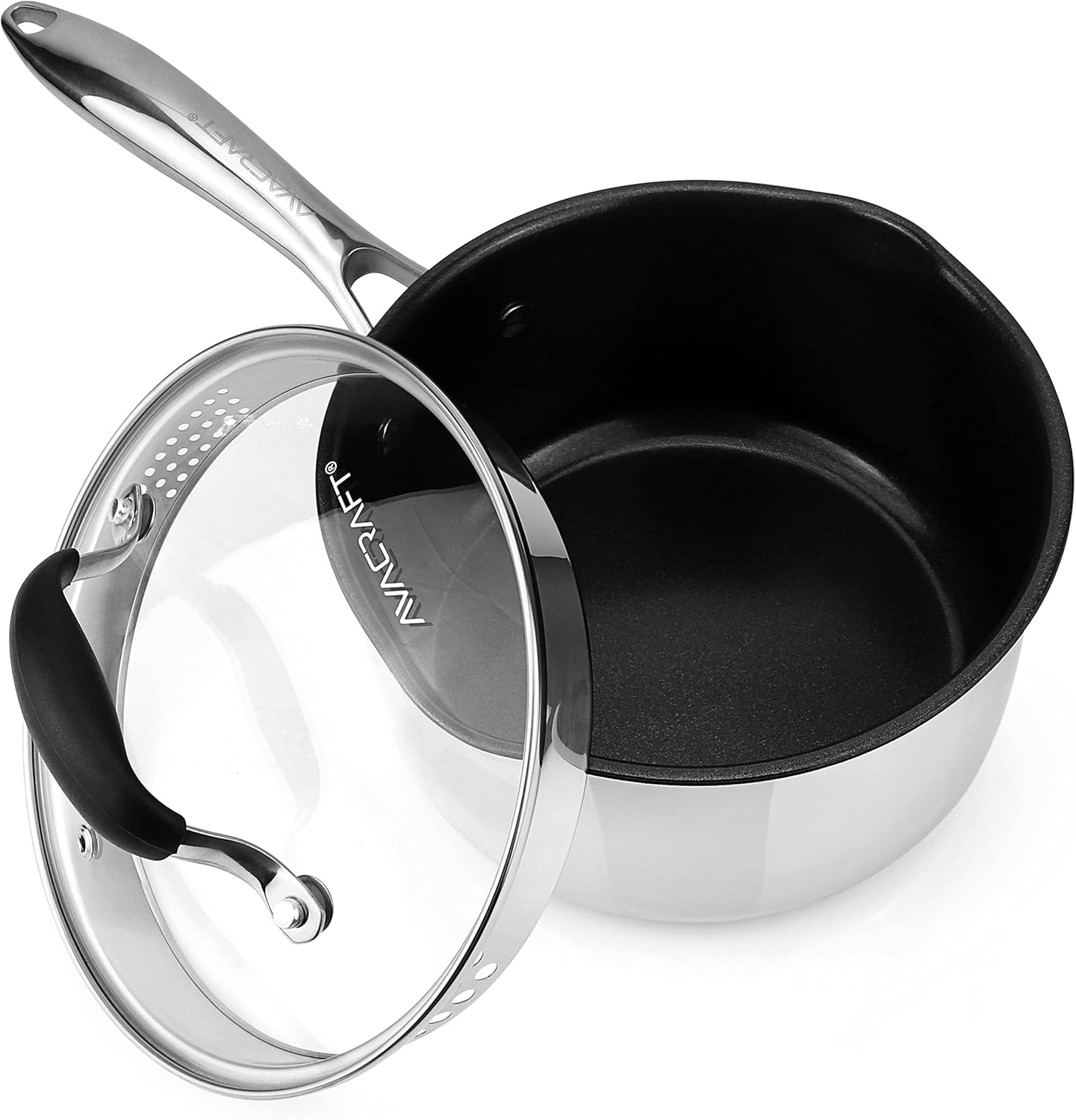 AVACRAFT Nonstick Saucepan with Glass Lid, Strainer Lid, 100% PTFE, PFOA Toxins Free, Two Side Spouts for Easy Pour, Multipurpose Sauce Pan with Lid, Ceramic Sauce Pot (2.5 QT Non-Stick Saucepan)