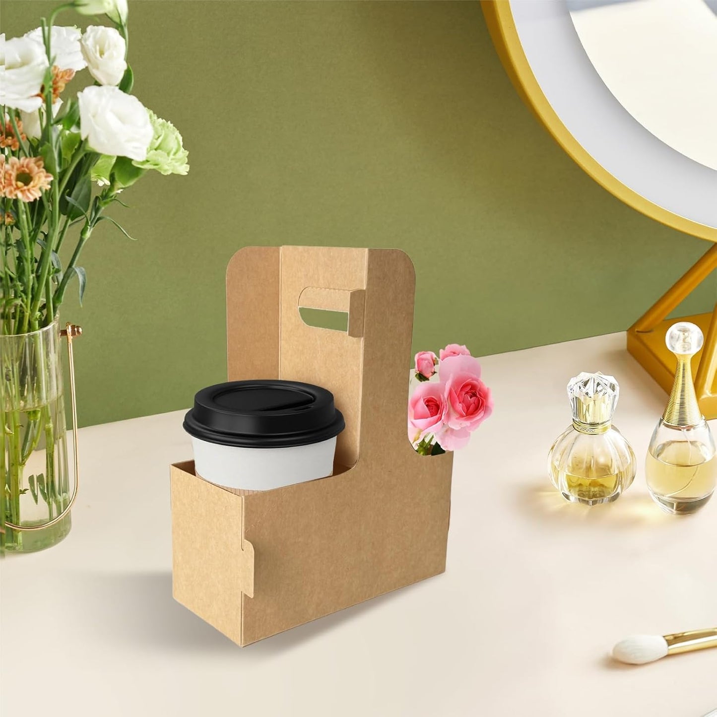 2 Cup Drink Carrier with Handle for Delivery, 50 Pack Kraft Paperboard Cup Holder, Disposable to Go Coffee Cup Carriers for Hot or Cold Drinks