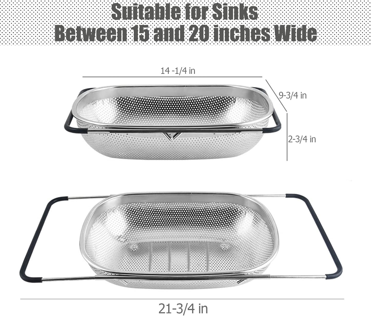 Over The Sink Strainer Stainless Steel Colander 5 Quart Basket with Expandable Rubber Grip Handles for Kitchen Sink - Strain, Drain, Rinse Fruits, Vegetables, Pasta, New Home Essentials