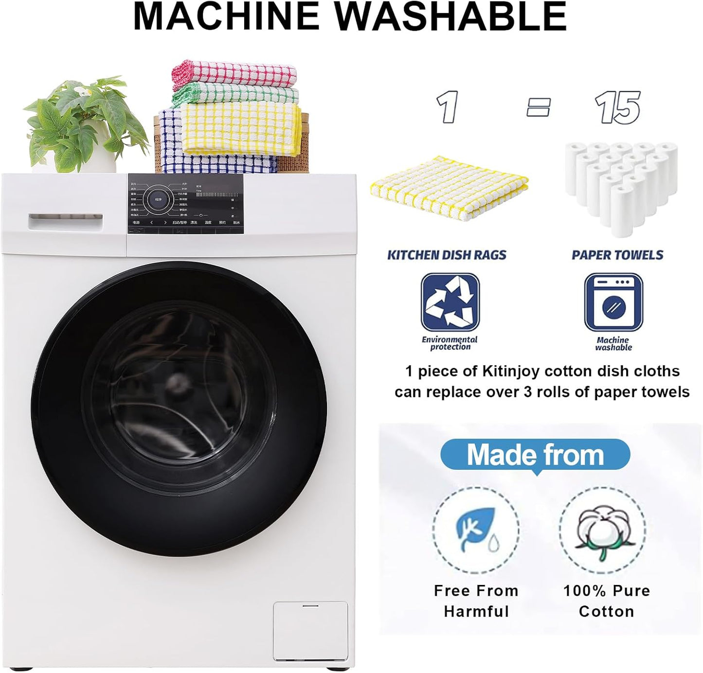 Kitinjoy Cotton 12 Pack Terry Kitchen Dish Cloths, 12 x 12 Inches Super Soft and Absorbent Dish Rags, Quick Drying Dish Towels for Washing Dishes, Mixed Color