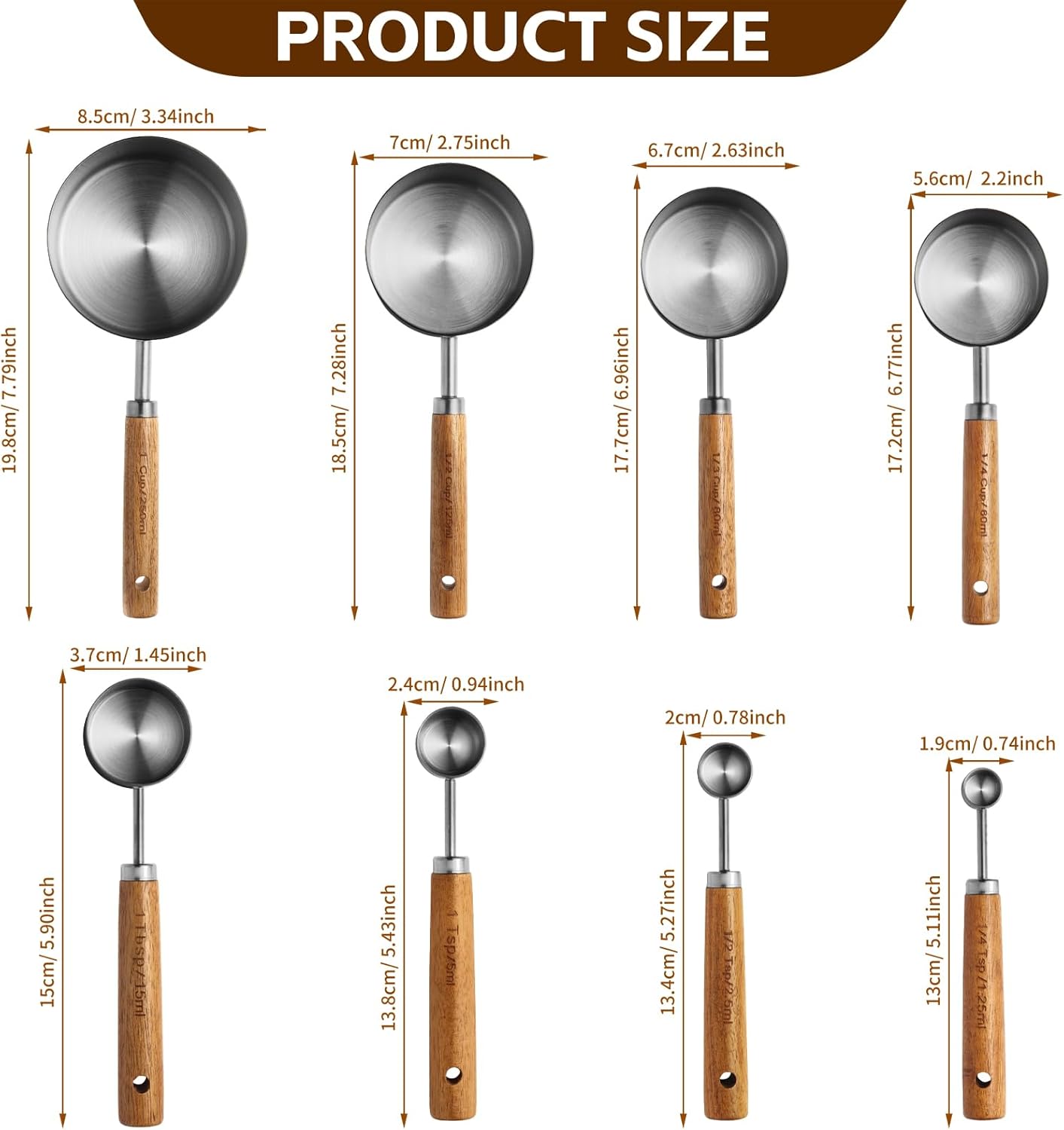 Measuring Cups and Spoons Set，Measuring Cup Set with Wooden Handle and Metric and US Measurements，Silver Polished Finish，for Cooking and Baking in The Kitchen (8 Piece)