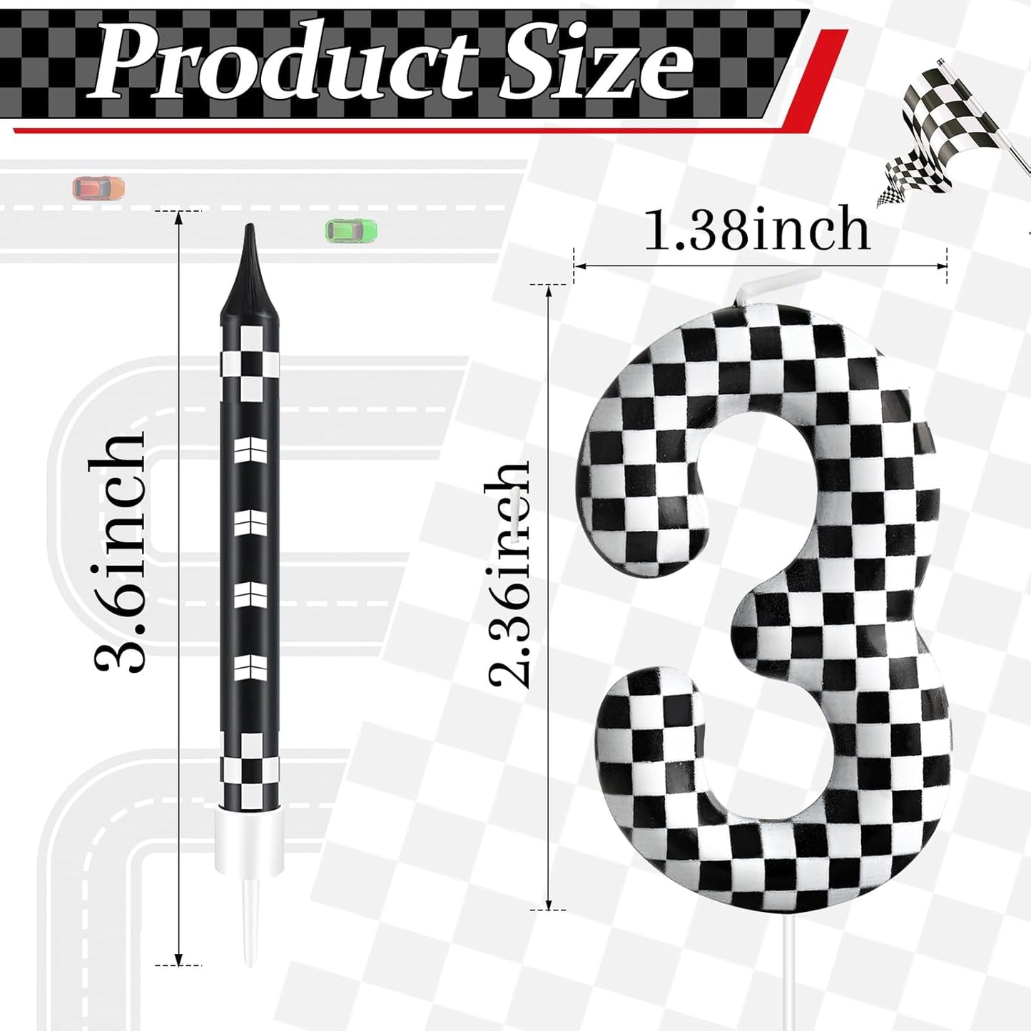 13 Pcs Racing Cars Themed Birthday Candles Black and White Race Number 3 Checkered Candle Cake Topper for Racing Car Party Decoration Supplies (Number 3)