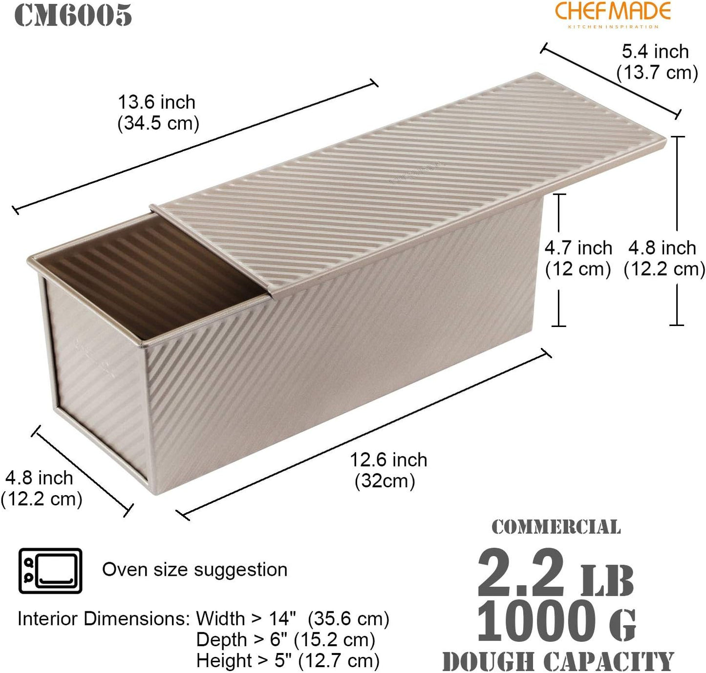 CHEFMADE Loaf Pan with Lid,Commercial Pullman Bread Pan 2.2Lb Dough Capacity,Non-Stick Bakeware Carbon Steel Bread Toast Mold with Cover for Baking Bread (Champagne Gold)