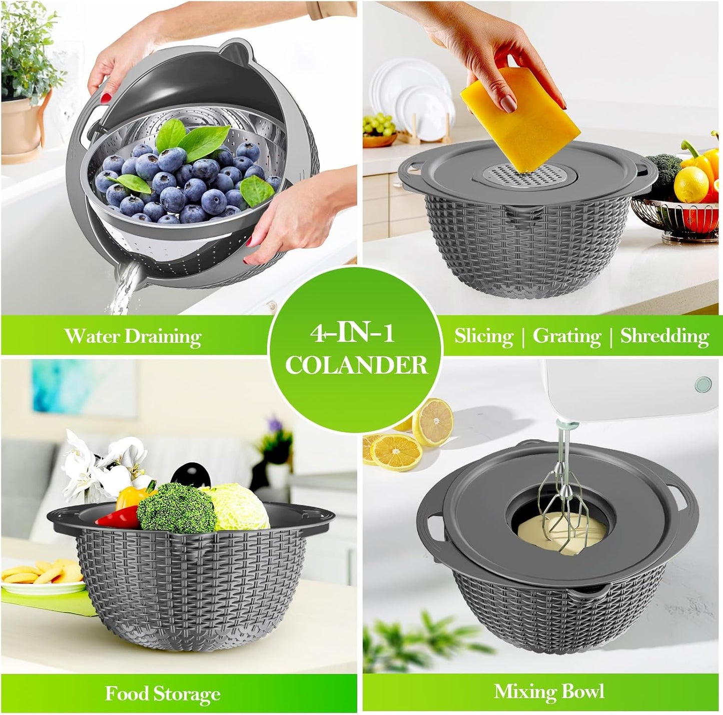 4-1 Colander with Bowl Set - Colander for Kitchen - Strainers and Colanders - Pasta Strainer - Funny Presents for Women - Fruit Cleaner Veggie Wash Kitchen Essentials, Grey