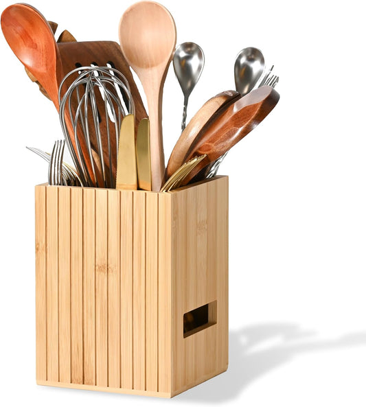 Fluted Bamboo Utensil Holder 6.5 Inch, Natural Kitchen Crock for Countertop, Modern Spoon and Spatula Organizer for Utensil Storage
