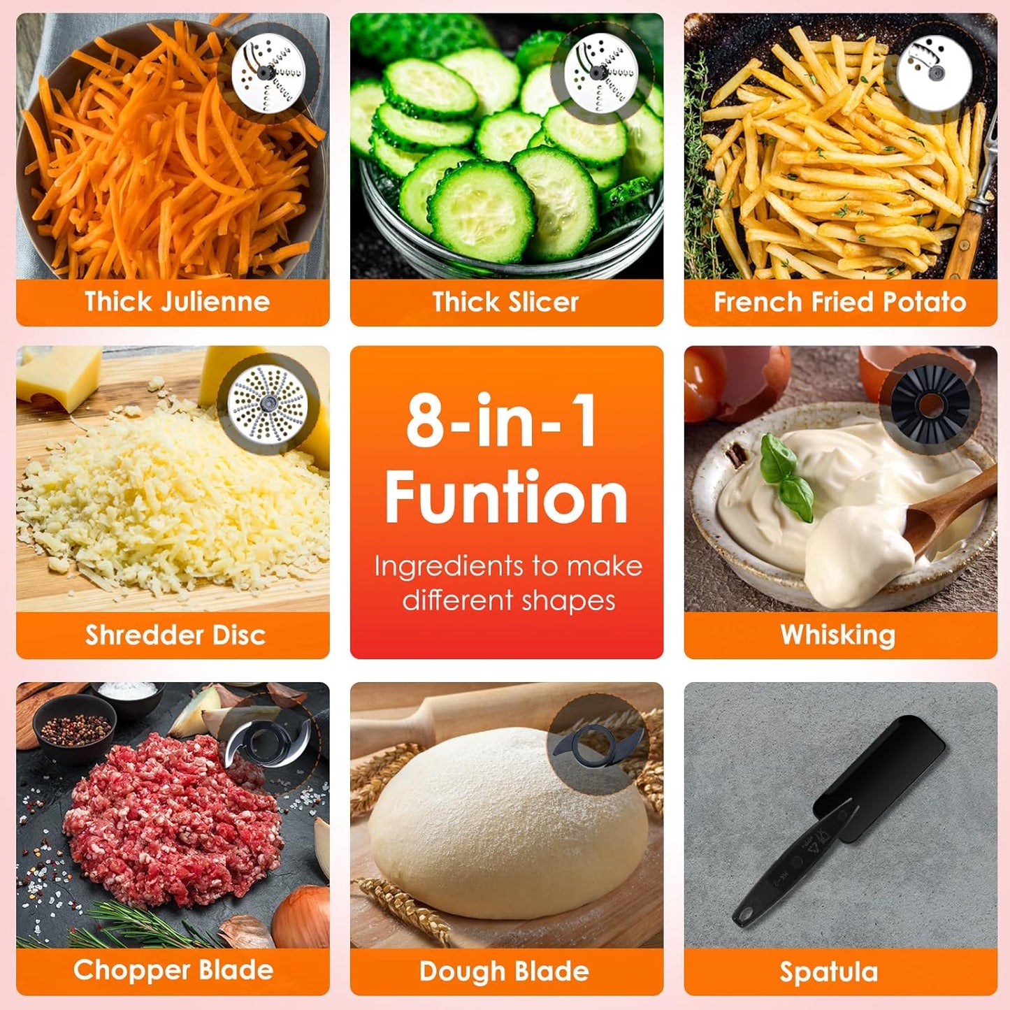 Homtone 16 Cup Food Processor, Large Food Processors, 6 Preset Modes Vegetable Chopper Electric, 6 Blades 8 Functions for Home Use, Stepless Speed Control, 650W, Red