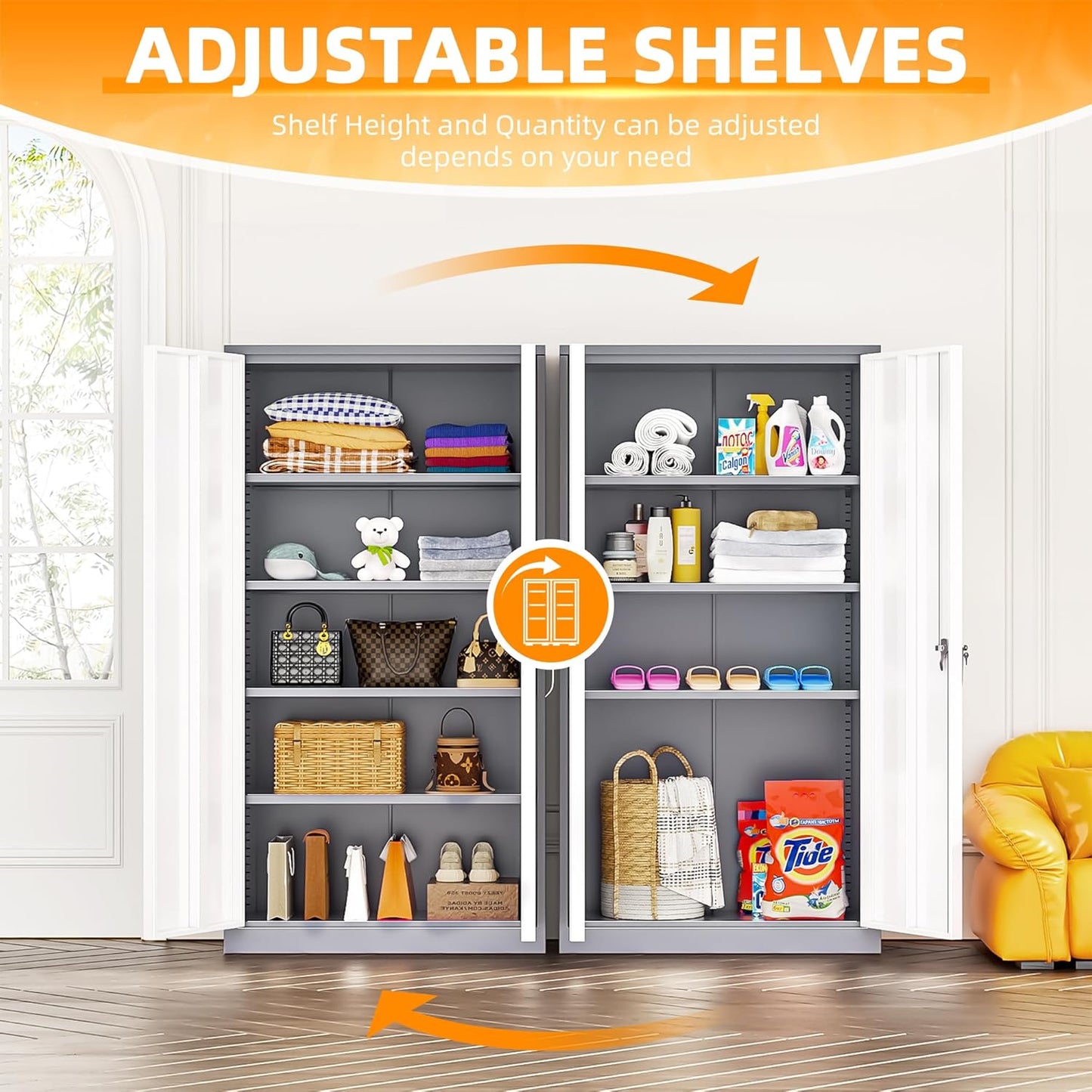 INTERGREAT Metal Garage Storage Cabinet, Black Lockable File Cabinet with 2 Doors and 4 Adjustable Shelves, Tall Steel Tool Cabinets for Office, Home, Garage, School, Gym