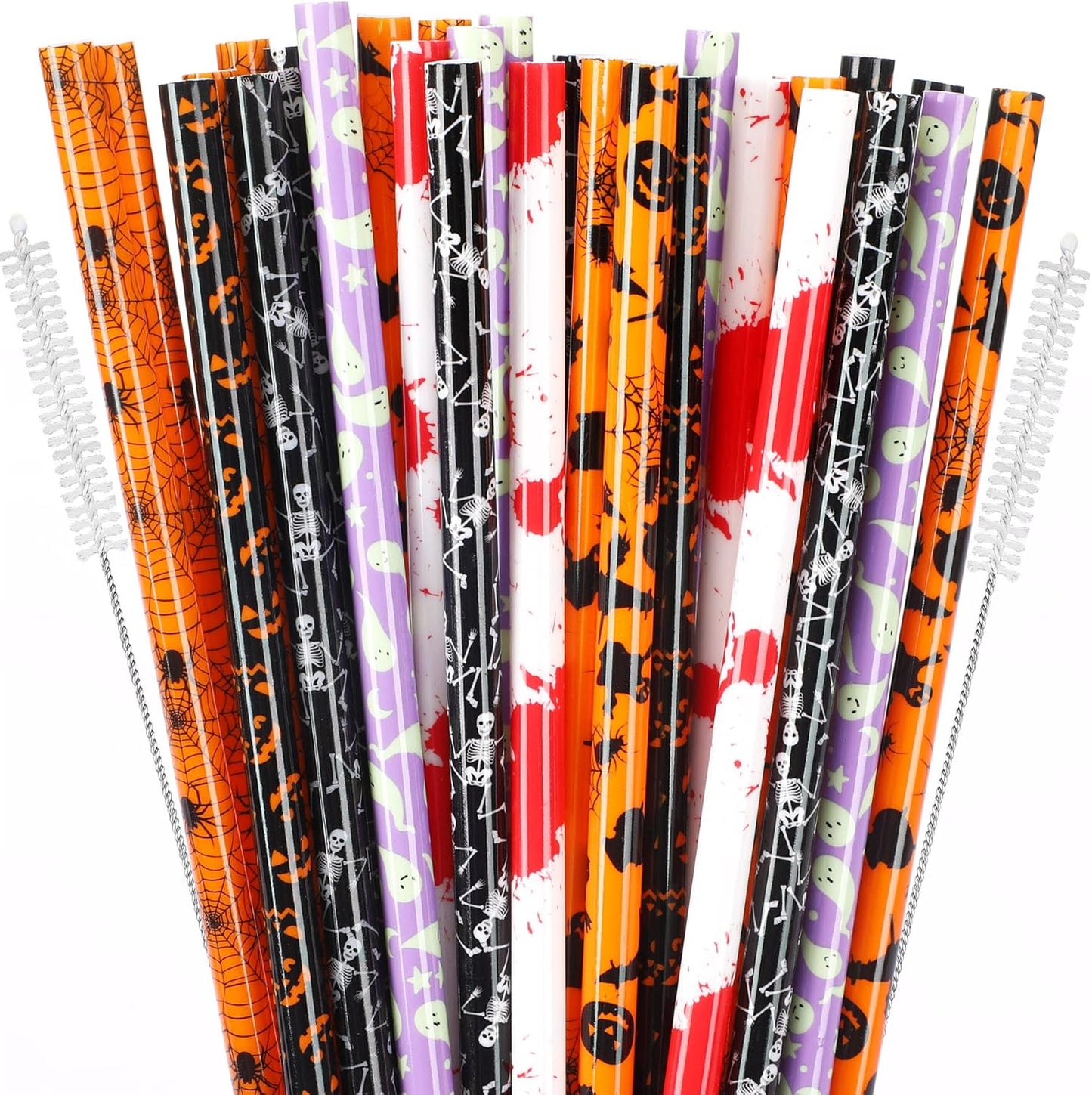 JANYUN 30 Pcs Halloween Reusable Straws 9inch Pumpkin Bat Skeleton Spider Printing Hard Plastic Drinking Straw for Mason Jar Tumbler Family Party Favors Cleaning Brush