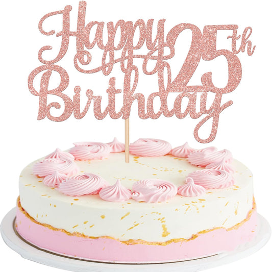 1 PCS Happy 25th Birthday Cake Topper Glitter Cheers to 25 Years Birthday Cake Pick 25 Fabulous Cake Decoration for Happy 25th Birthday Theme Party Decorations Supplies Rose Gold