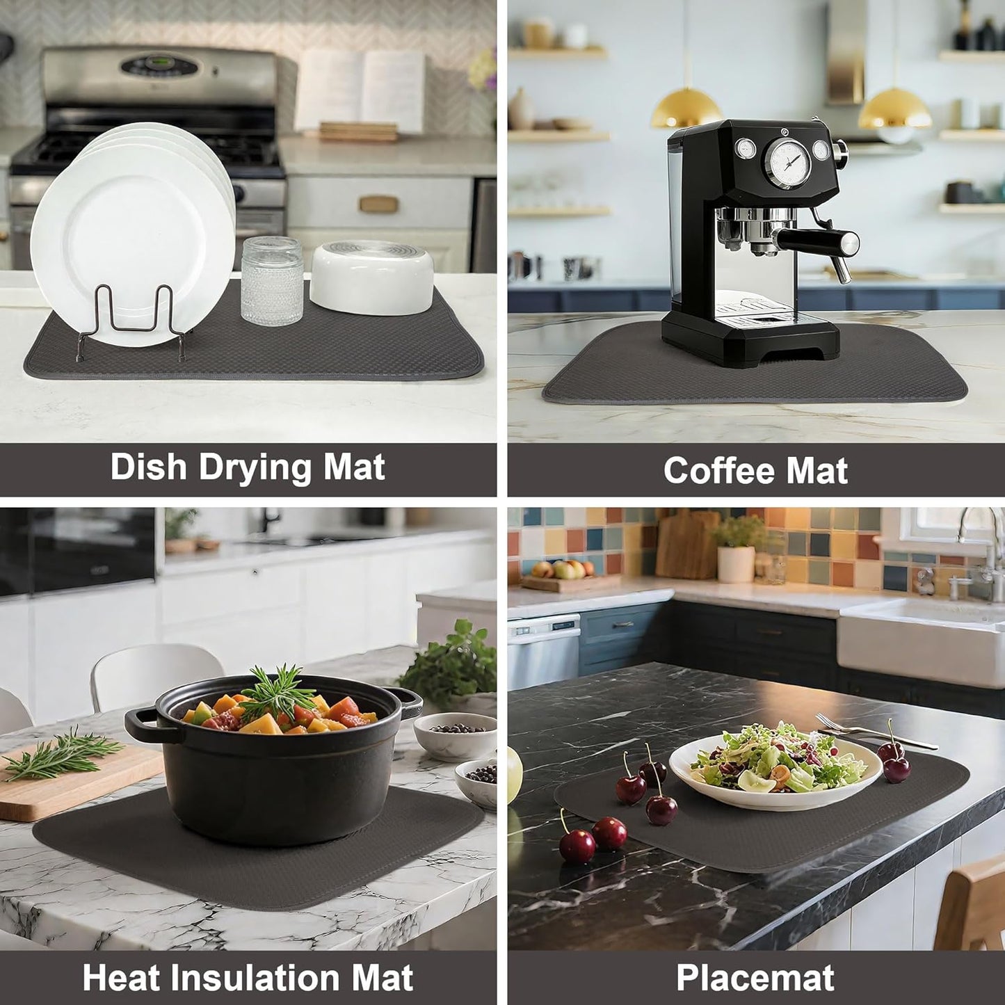 Dark Gray Dish Drying Mats 17” x 24” – Extra Large Kitchen Drying Mat for Countertop, Absorbent Microfiber Dish Rack Mat, Foldable Dish Pad for Dishes, Pans – Reusable Dish Drainer Mat