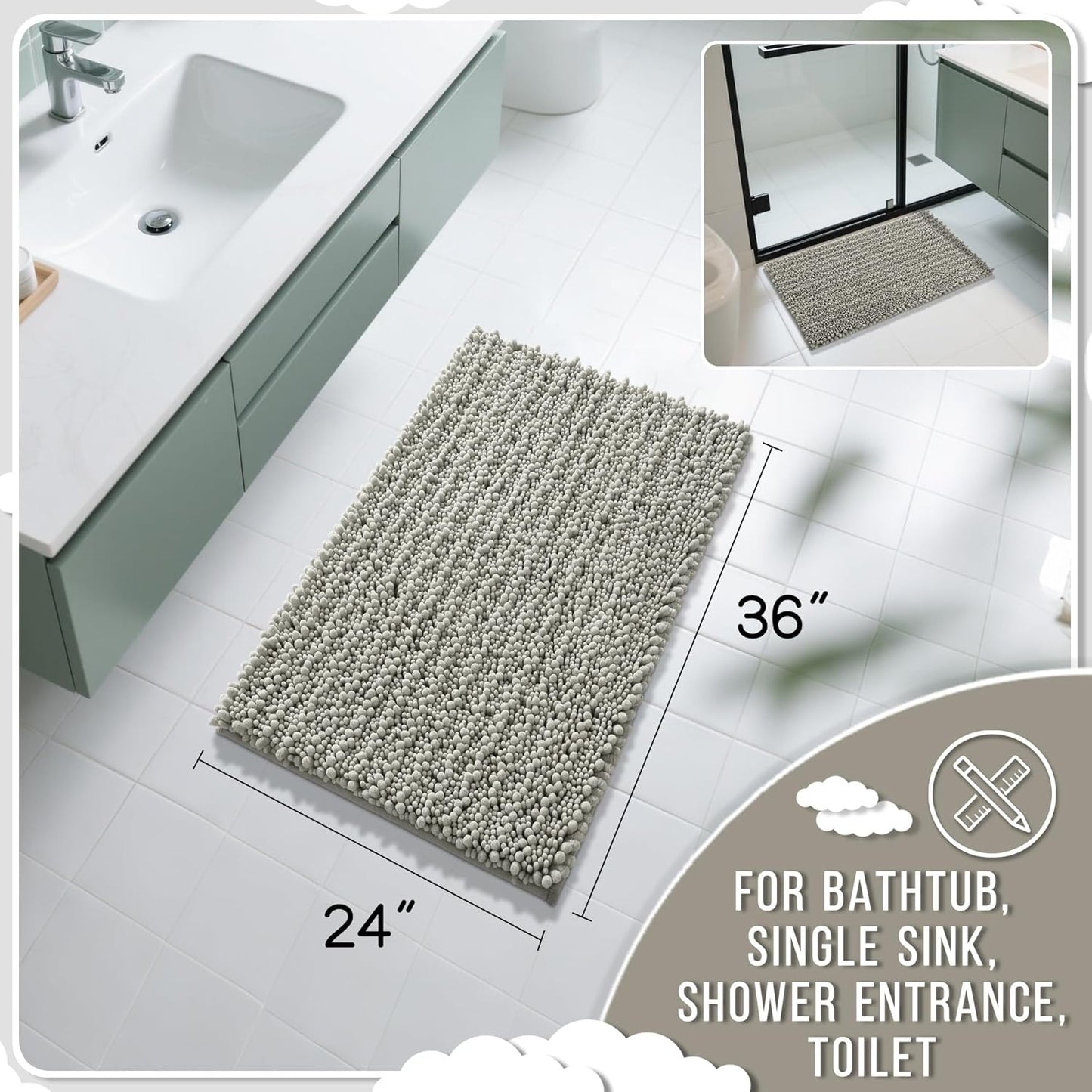 Yimobra Large Bathroom Rugs Non Slip Washable 36x24 Inch - Ultra Soft Absorbent Chenille Bath Mat, Quick Dry Shaggy Floor Carpet for Tub Shower, Sand Home Decor Accessories