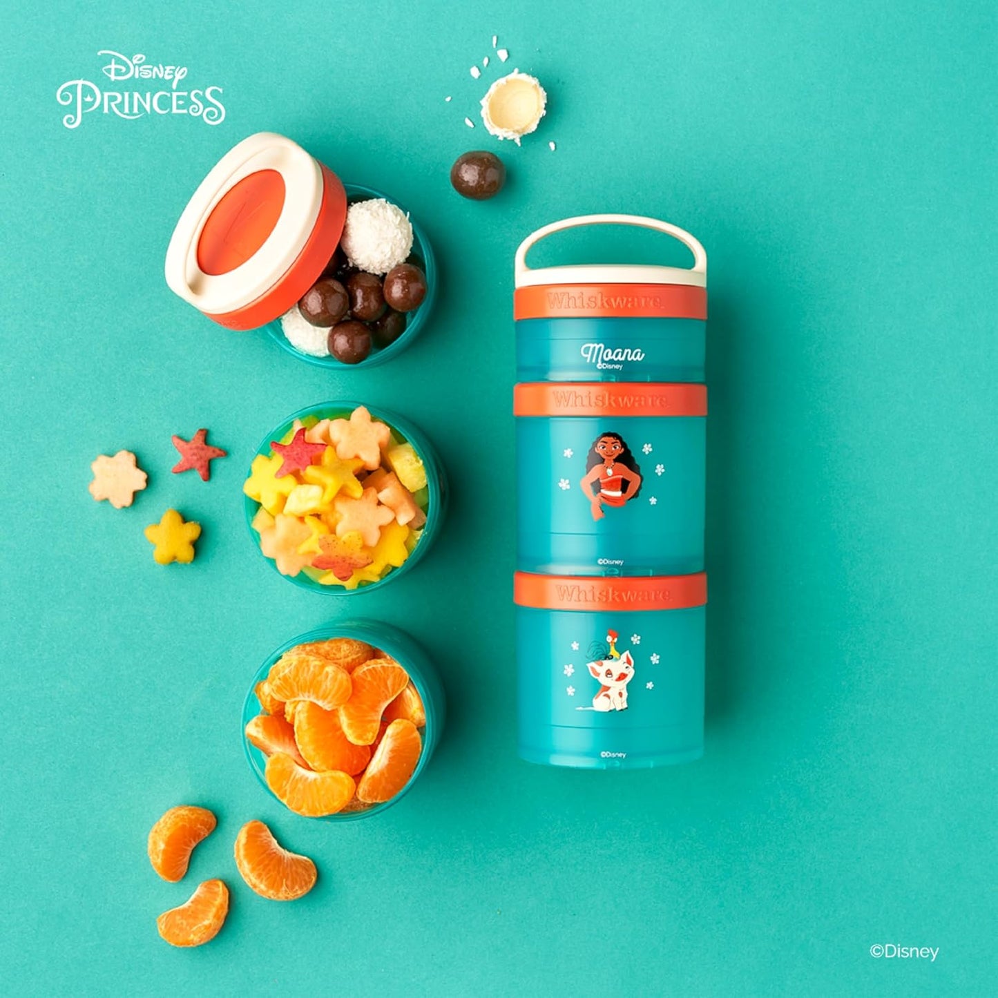 Whiskware Disney Princess Moana, Stackable Snack Containers for Kids, 3 Stackable Snack Cups for School or Travel, Formula and Cupholder Friendly, Moana and Pua
