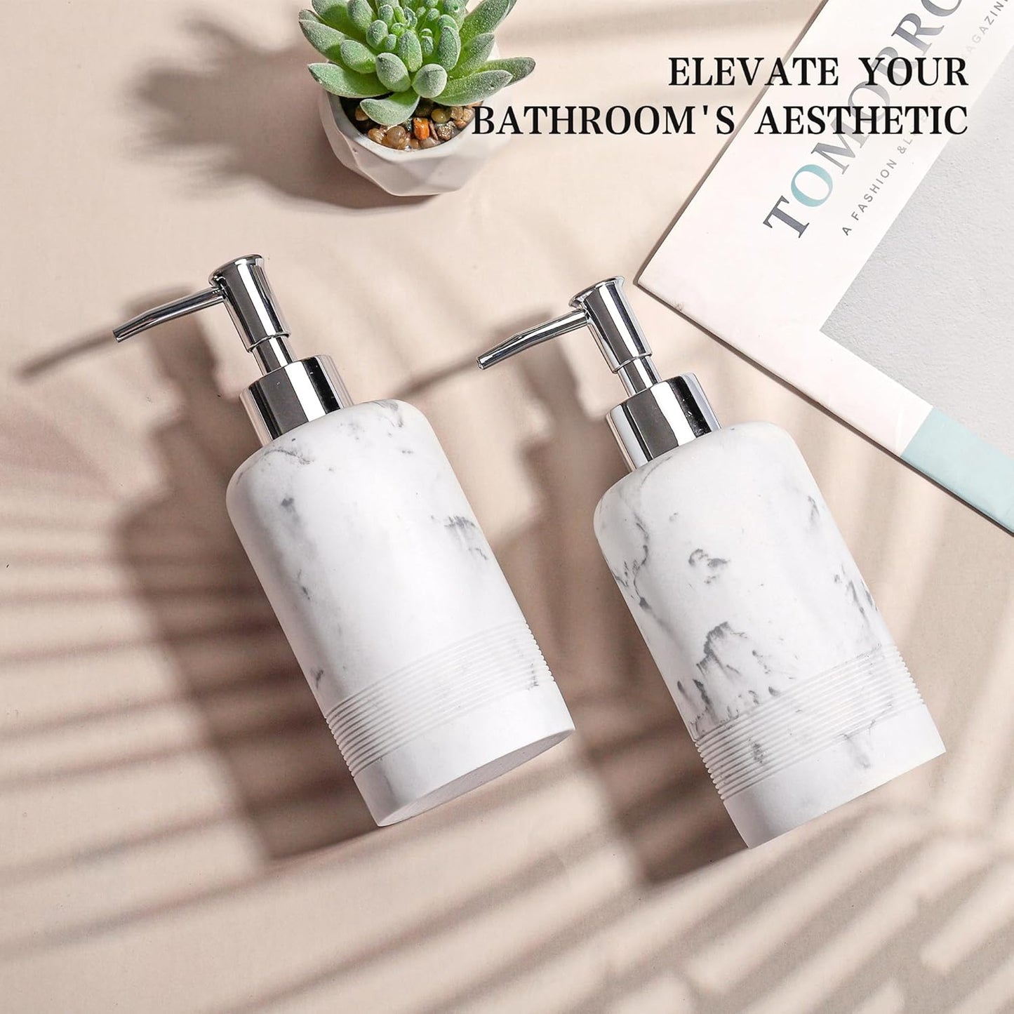 2pcs/Set Hand Soap Dispenser Sets - 10.8oz Refillable Resin Liquid Soap Dispensers with Rust-Proof Pump for Bathroom Countertop or Kitchen, Marble White