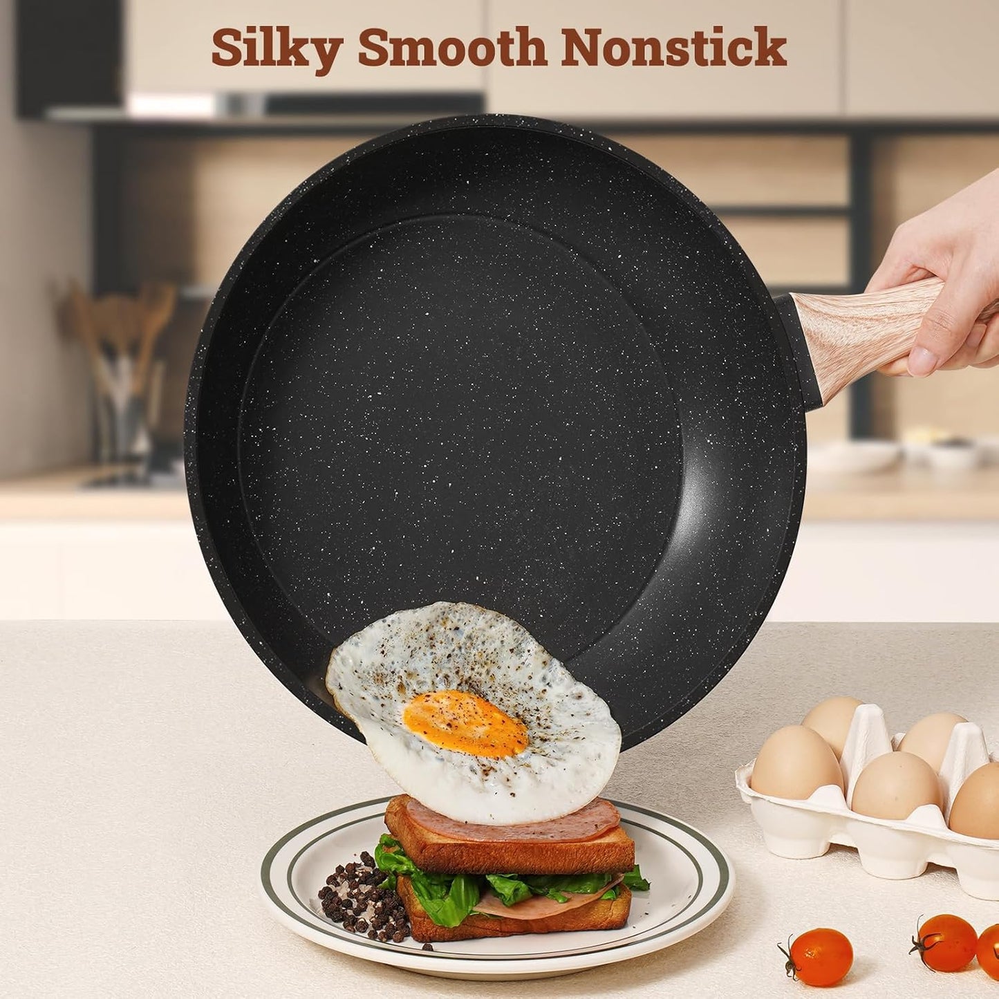 17 Pcs Pots and Pans Set Non Stick Kitchen Cookware Sets Nonstick Induction Cookware Non-toxic Black Granite Cooking Tools with Stay-Cool Handles, Pot Protectors (PFOS/PFOA Free)