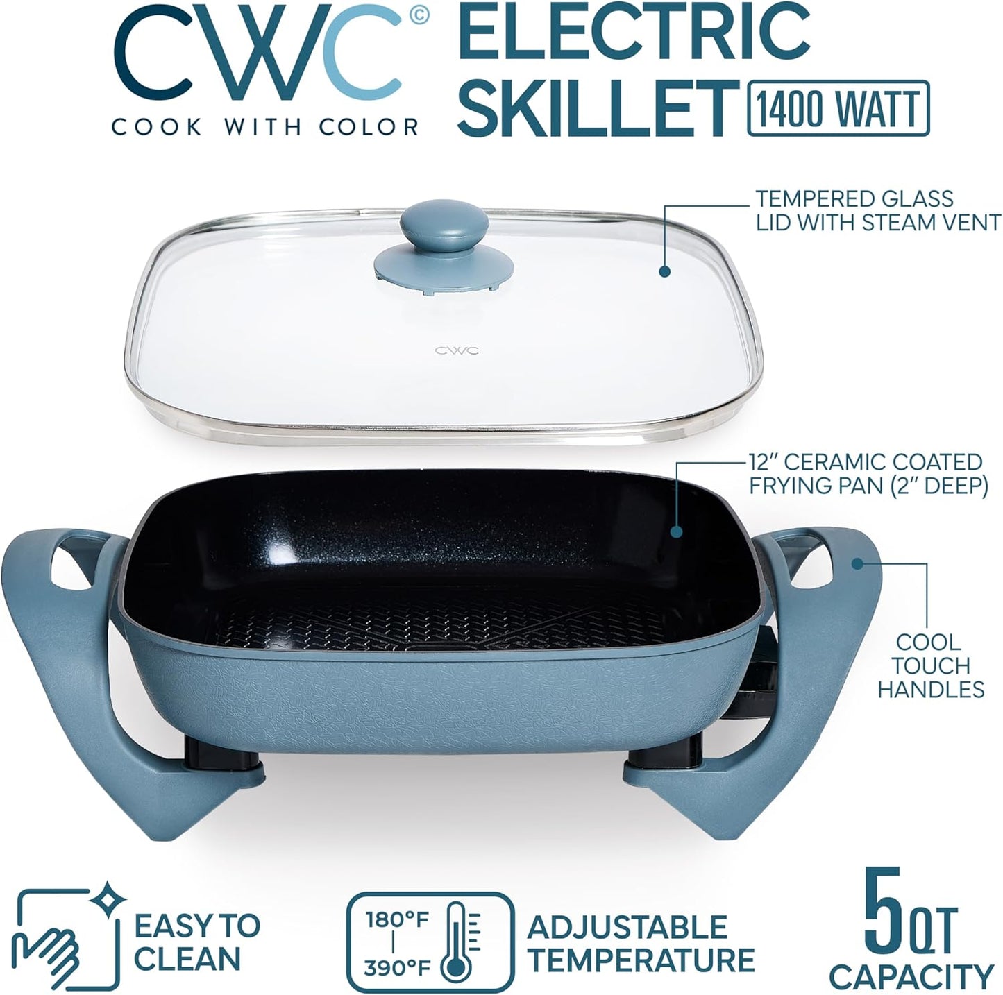 COOK WITH COLOR Electric Skillet - 12" x 12" Ceramic Nonstick Pan, PFAS-Free, 1400W, Tempered Glass Lid, Variable Temperature, Removable Heating Probe, Cool-Touch Handles, Slate Blue