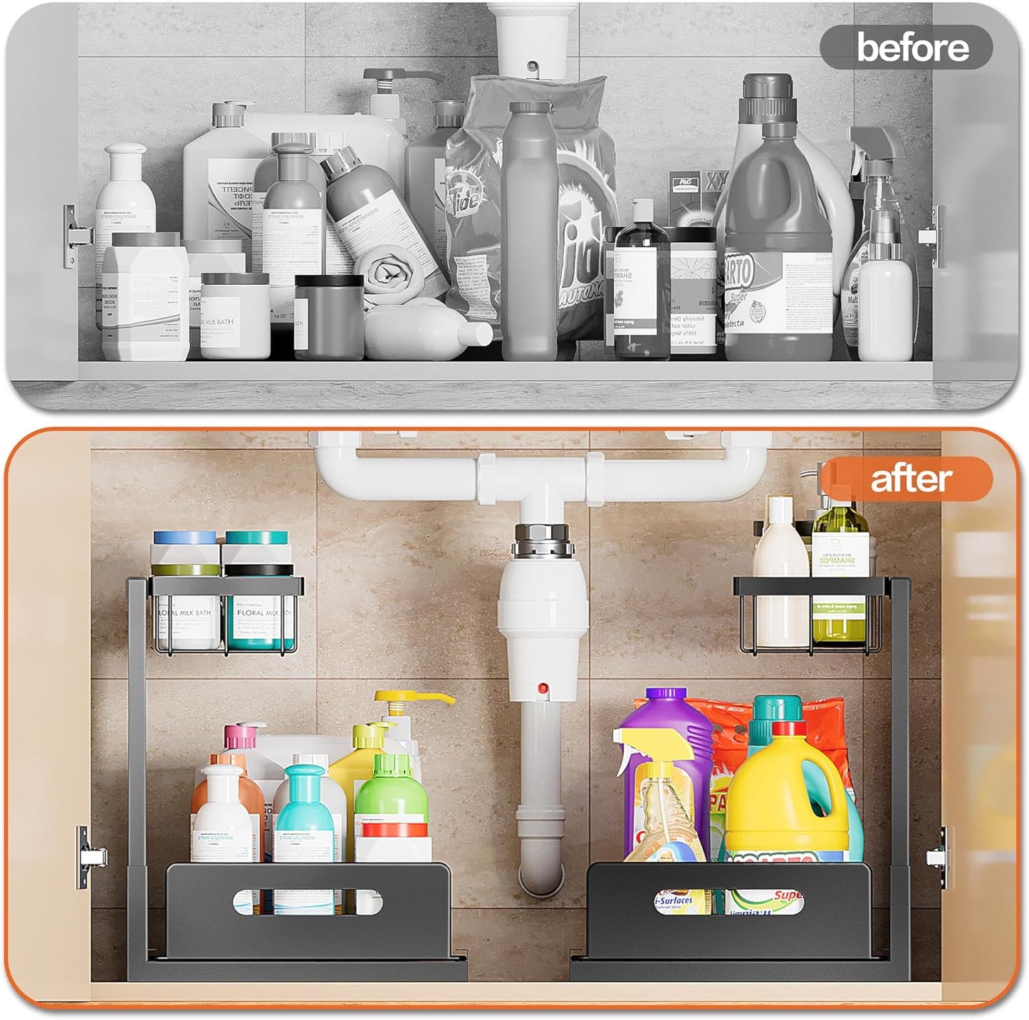 VUSIGN Under Sink Organizer, 2 Tier Pull Out Bathroom Cabinet Organizer, Under Kitchen Sink Organizers and Storage, Under Sink Shelf,1 Pack, Black