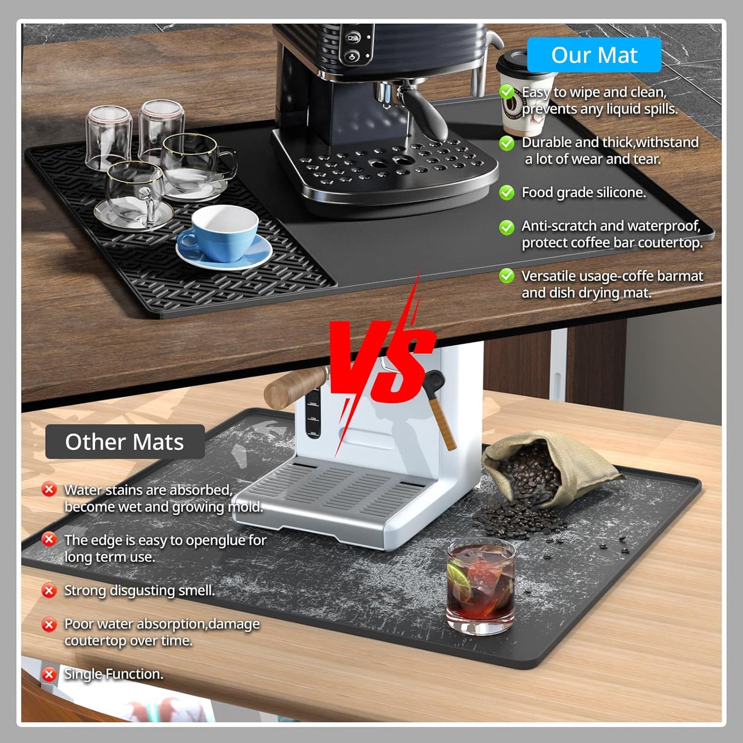 Silicone Coffee mat 24''x16'' – Non-Slip Bar Mat with Detachable Drying Layer for Espresso Machines, Countertops & Dish Racks
