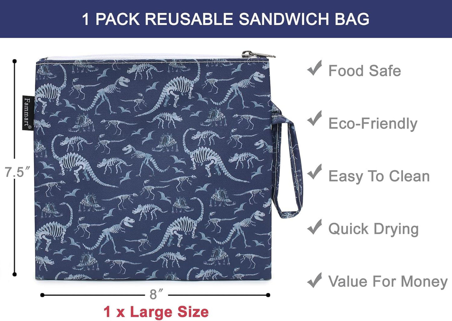 Reusable Sandwich Bag/Snack Bag for Kids & Adults, Dual Layer Lunch Bag with Handle, Washable, Food Safe, BPA Free (1-Pack, Dinosaur Fossil)