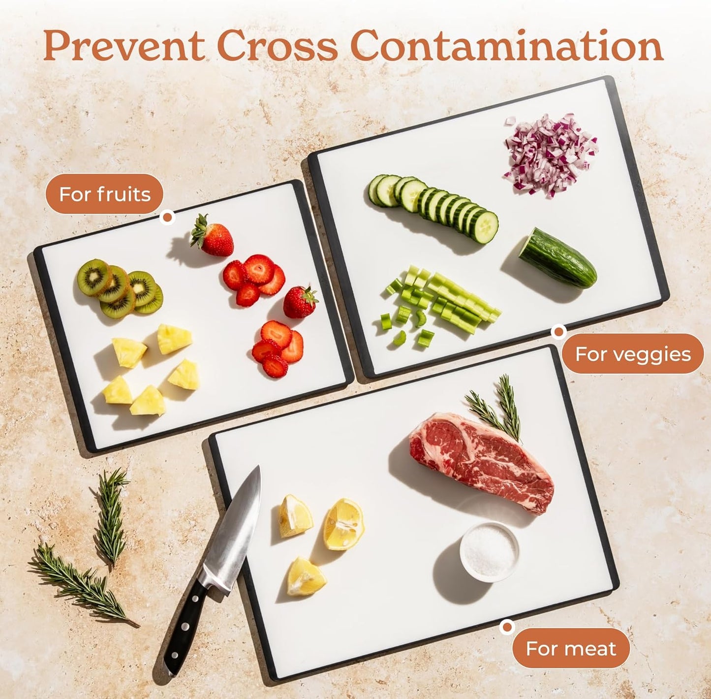 SMIRLY Plastic Cutting Board Set 3 Pieces, Non-Slip Dishwasher Safe Chopping Boards for Kitchen, Black & White