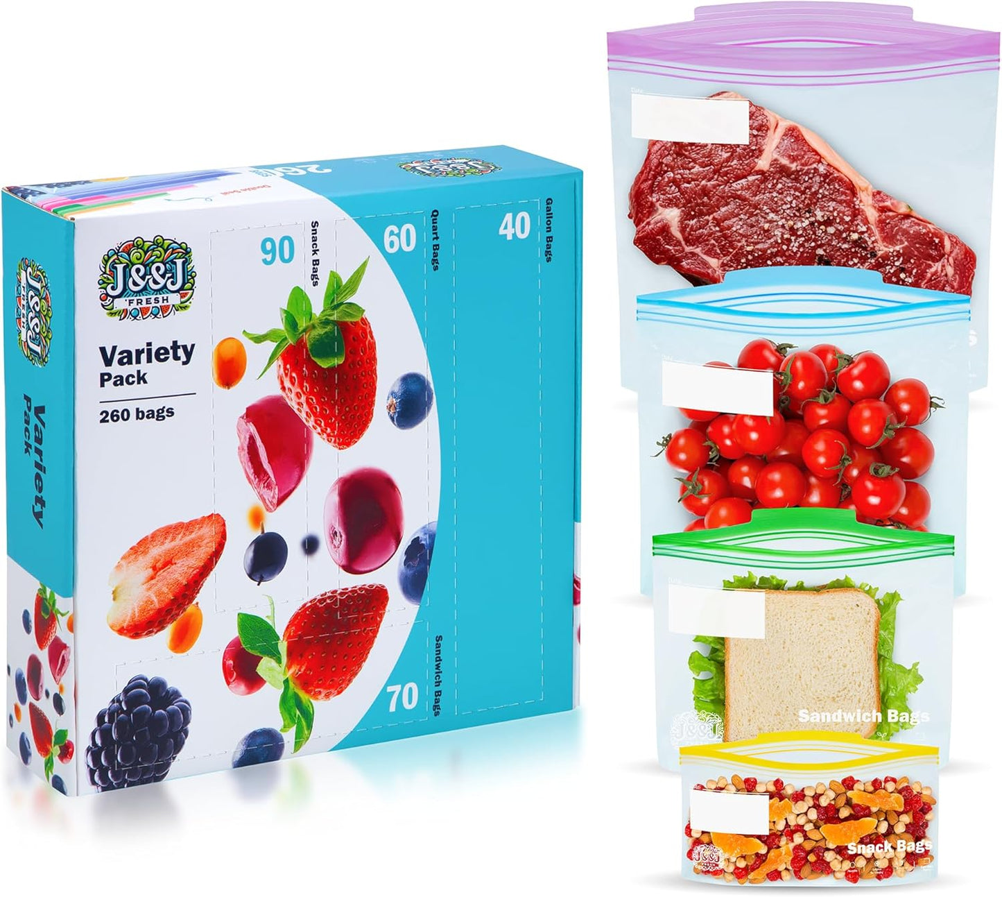 J&&J FRESH Reusable Food Storage Bags – 260 Pack Variety Pack (Snack, Sandwich, Quart, Gallon) – BPA-Free, Leakproof Zipper Bags with Expandable Bottom – Freezer Bags Safe, Kitchen & Pantry Organizer