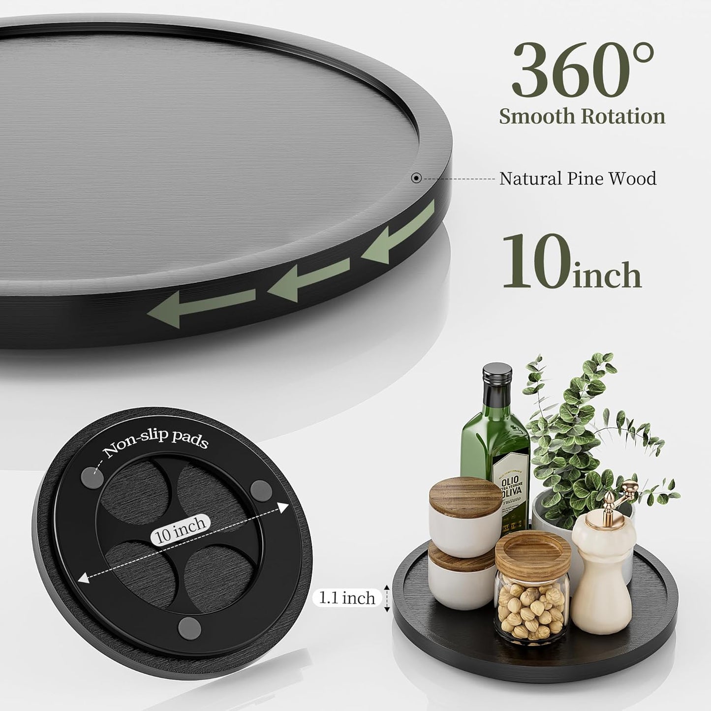 LAMU 10'' Wood Lazy Susan Organizer Turntable for Cabinet, Lazy Susan for Table Top, Pantry, Kitchen, Bathroom, Countertop, Rotating Spice Organizer, Vanity Decor Tray, Pine Wood, Black