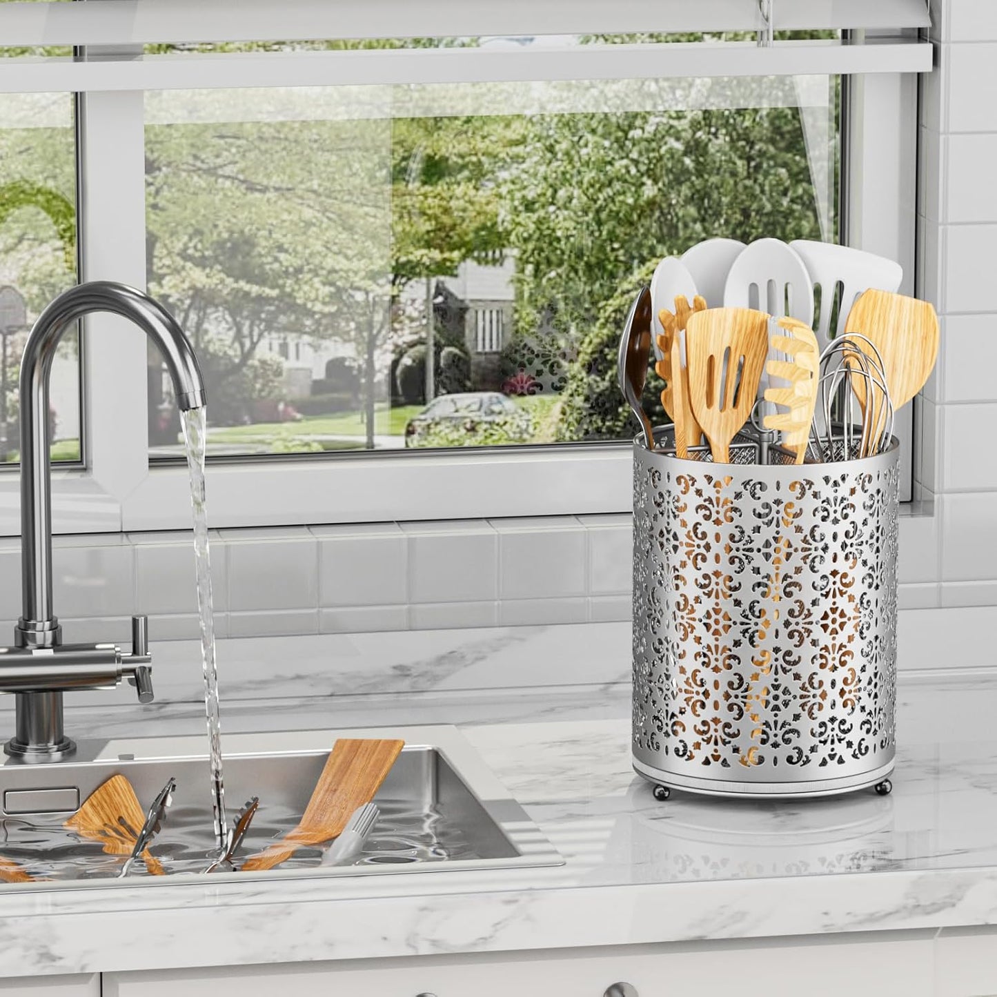 Extra Large Utensil Holder - 360° Rotating Cooking Utensils Caddy Countertop Organizer with Instant-Dry and Removable Base for Kitchen Tools