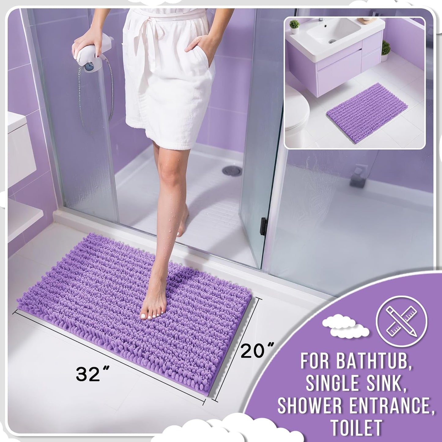 Yimobra Bathroom Rugs Non Slip Washable 32x20 Inch - Ultra Soft Absorbent Chenille Bath Mat, Quick Dry Shaggy Floor Carpet for Tub Shower, Lavender Home Decor Accessories