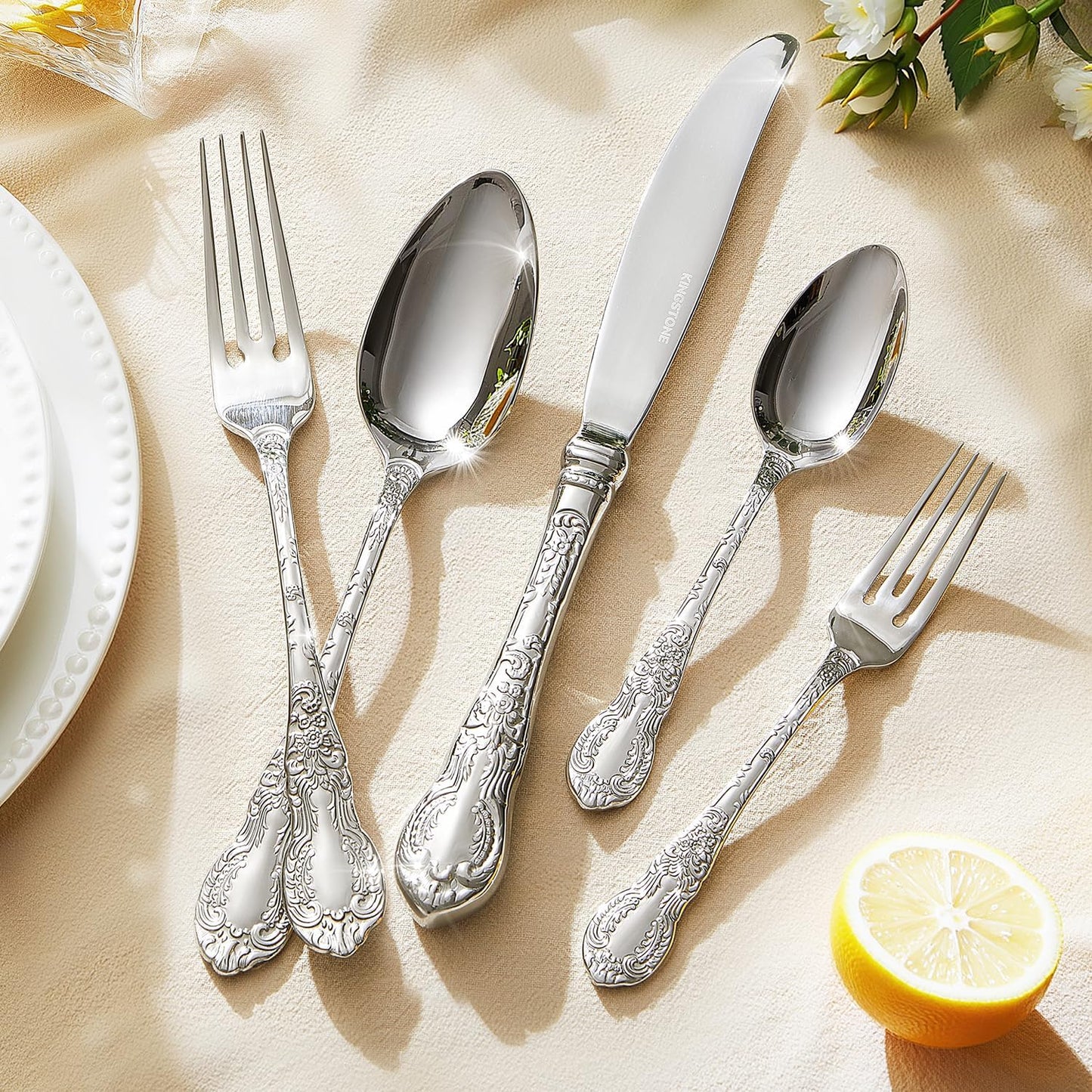 KINGSTONE Vintage Carved Silverware Set, 40-Piece 18/10 Stainless Steel Flatware Cutlery Set with Retro Royal Thick Handle, Tableware Utensils for Home, Restaurant, party, Wedding, Dishwasher Safe