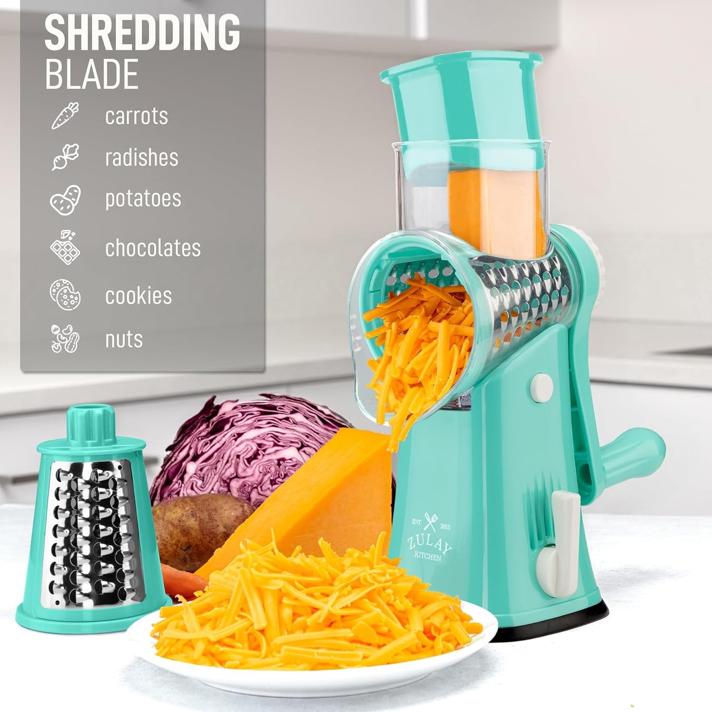 Zulay Kitchen Rotary Cheese Grater 5 Blade Cheese Shredder - Manual Hand Crank Cheese Grater With Reinforced Suction & 5 Interchangeable Drums - Easy to Use, Vegetable Chopper Round Mandoline Slicer