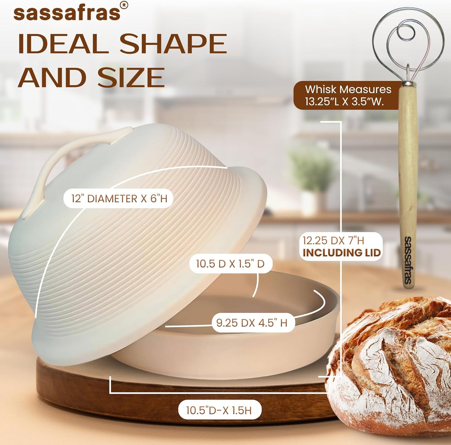 Sassafras Superstone Stoneware La Cloche Bread Baker, Unglazed, Baking Stone for Bread, Capacity 5QT 12”D x7”H with handle, Withstands Temperature 500-2100 Fahrenheit (Bisque + Bread Whisk)