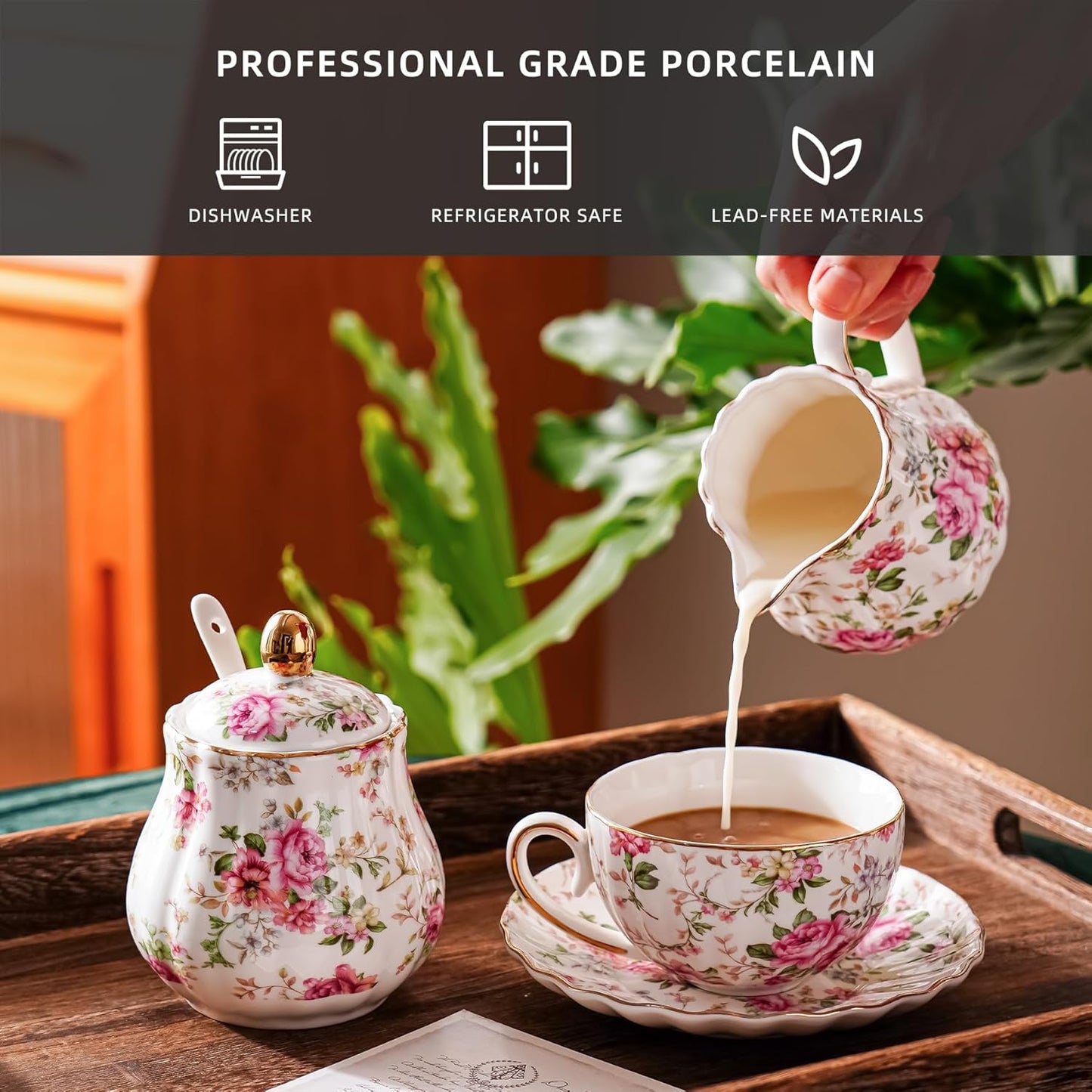 Ceramic Sugar and Creamer Set, 3 Piece Set with Cream Pitcher, Sugar Bowl, Sugar Set with Lid and Spoon (White with flower)