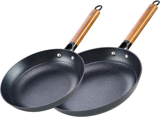 DM Cast Iron Skillet, 2 Piece Nonstick Frying Pan Set, 10 and 12 Inch with Detachable Acacia Wooden Handle, Honeycomb Non stick Omelet Egg Pan, Easy Clean Oven Safe Pans for Cooking
