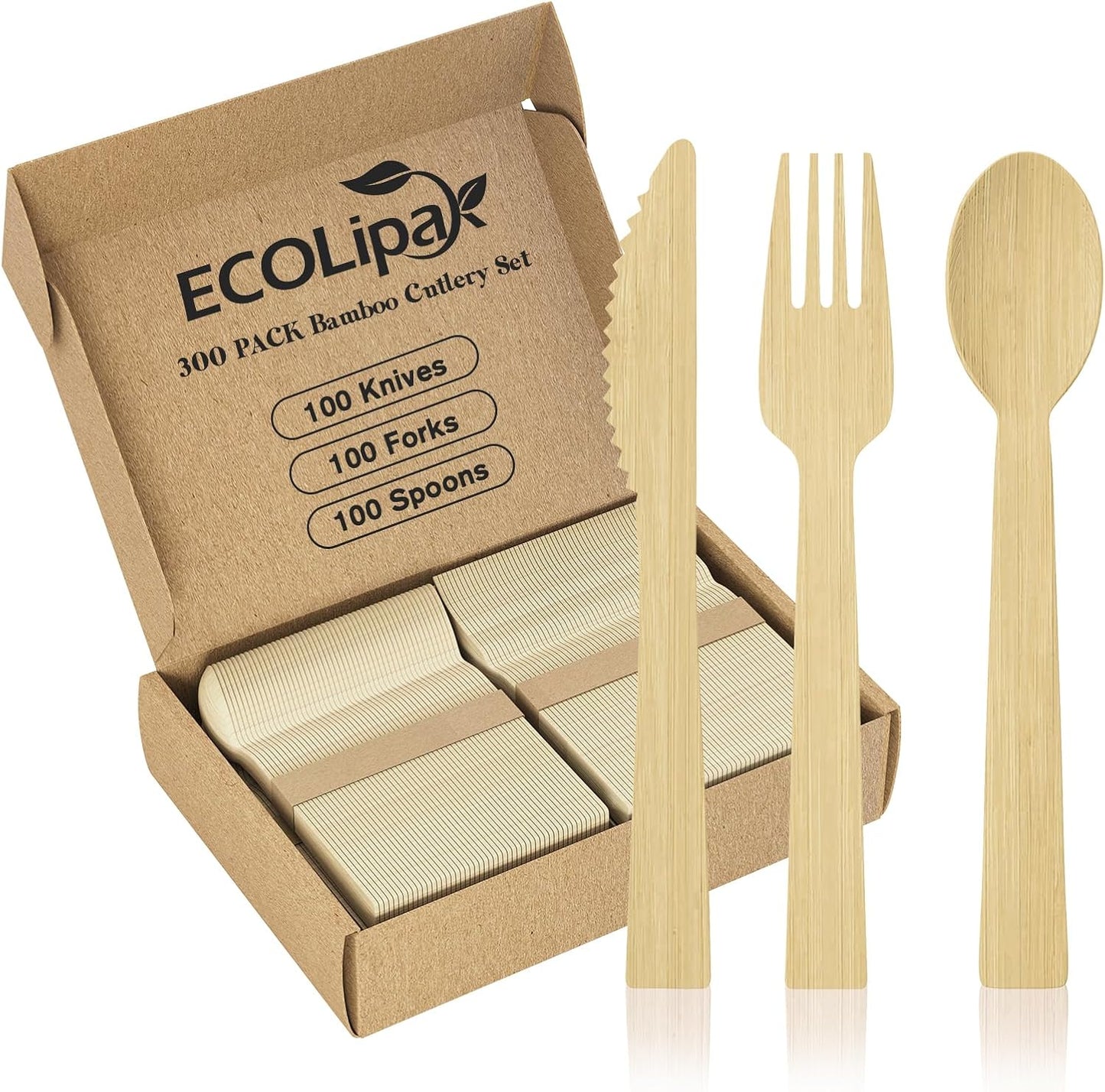 ECOLipak 300 Count Bamboo Cutlery Set, 100 Knives, Forks and Spoons each, No Splinters Disposable Cutlery Set Compostable Utensils for Party, Camping, Traveling, Family Dinners