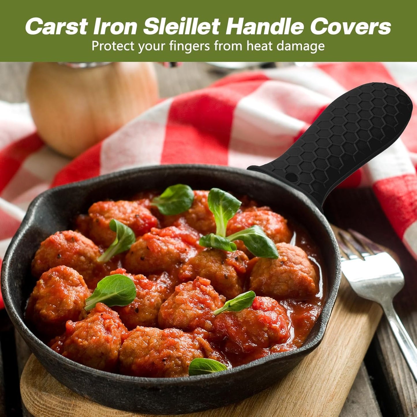 Patelai 2pcs Silicone Handle Cover for Cast Iron Skillet Kitchen Silicone Handles for Pots and Pans Non-Slip Pot Holder Sleeve for Fry Pan Griddles Metal Aluminum Cookware(Black)