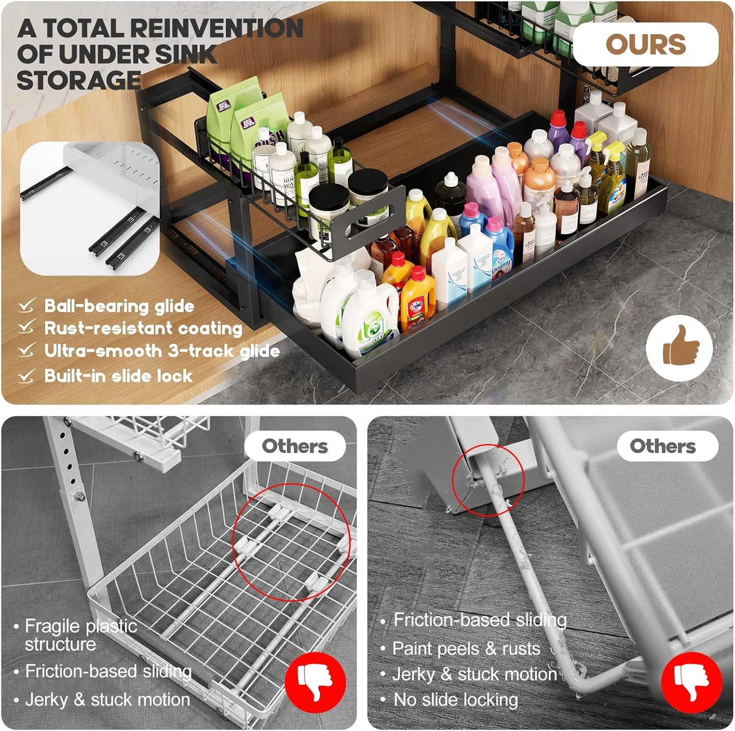 1 Pack-19"-32"W Expandable Under Sink Organizer With Upgrade Ball-Bearing Slide,2-Tier Pull Out Under Cabinet Organizer Height Adjustable,Not Suitable For Cabinets With Partitions In The Middle
